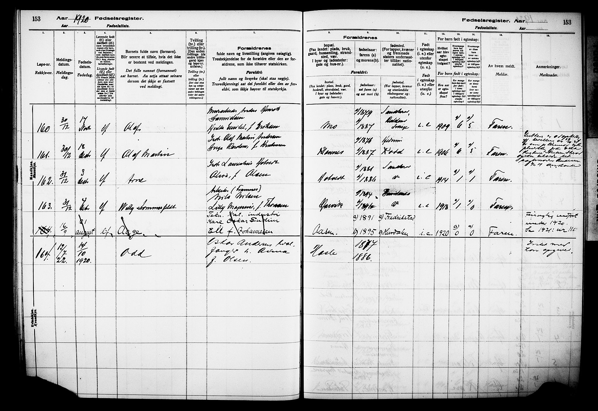 Sandar kirkebøker, AV/SAKO-A-243/J/Ja/L0001: Birth register no. 1, 1916-1922, p. 153