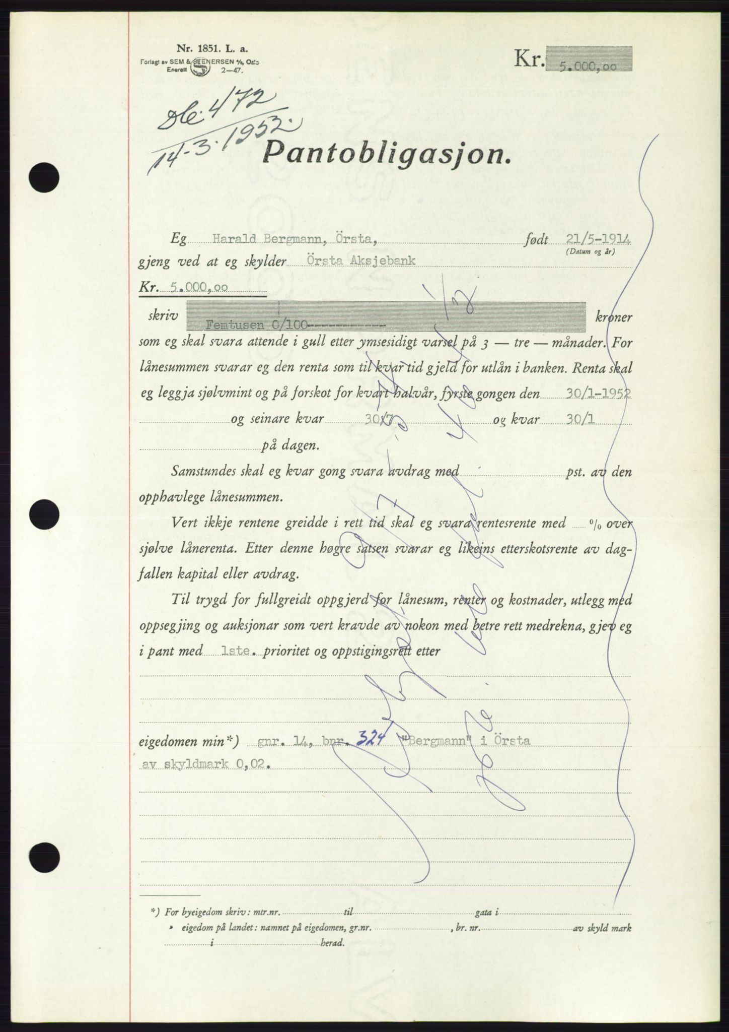 Søre Sunnmøre sorenskriveri, AV/SAT-A-4122/1/2/2C/L0121: Mortgage book no. 9B, 1951-1952, Diary no: : 472/1952