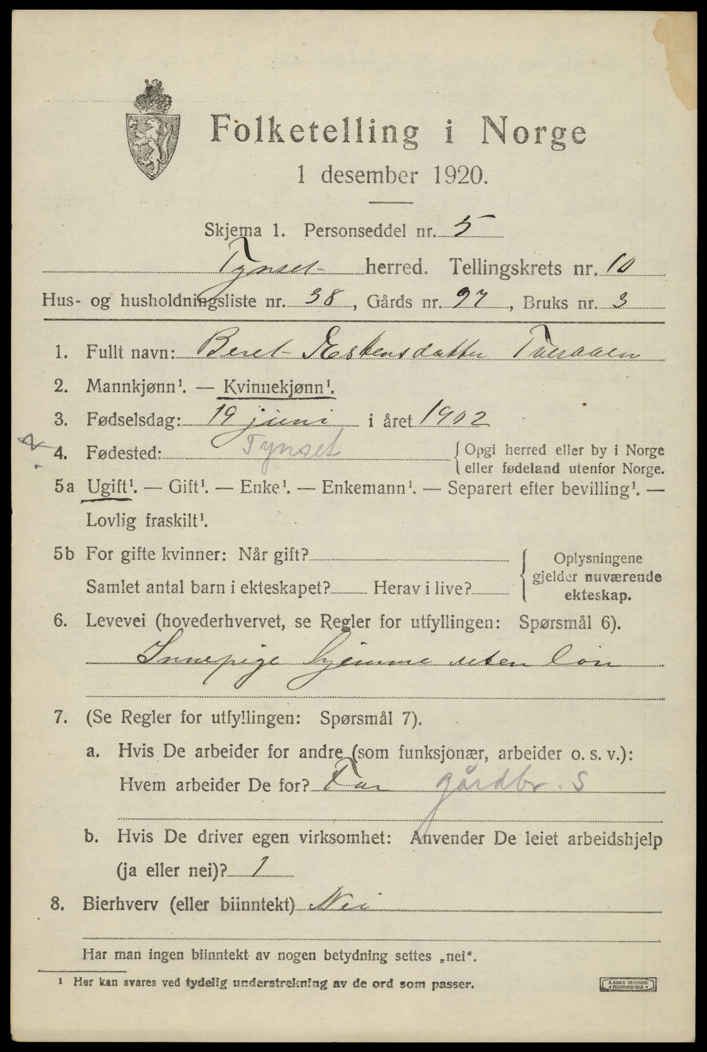 SAH, 1920 census for Tynset, 1920, p. 8020