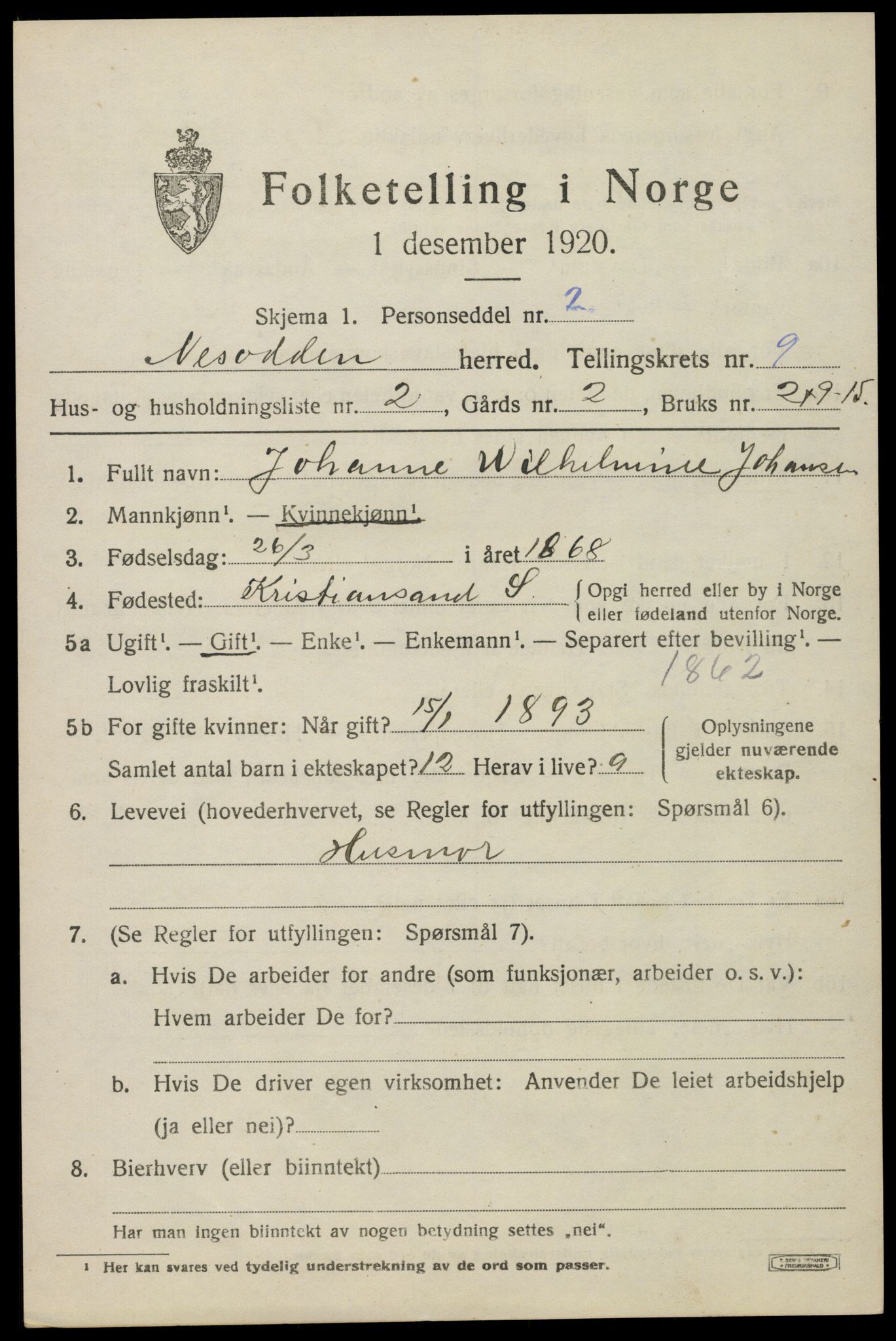 SAO, 1920 census for Nesodden, 1920, p. 6703