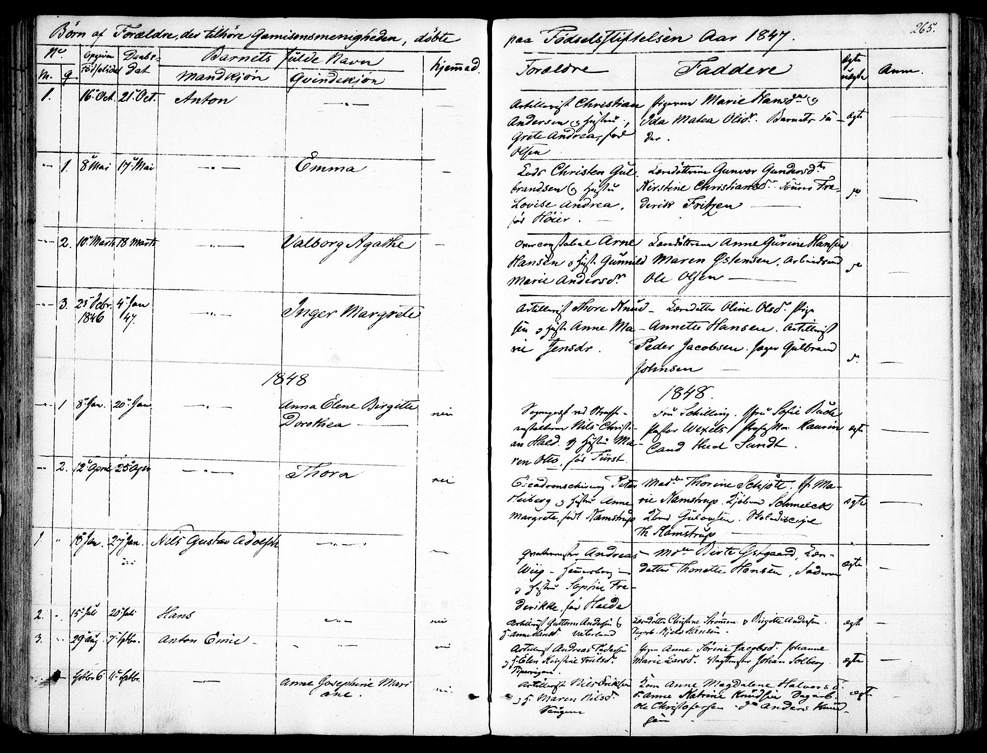 Garnisonsmenigheten Kirkebøker, SAO/A-10846/F/Fa/L0008: Parish register (official) no. 8, 1842-1859, p. 265