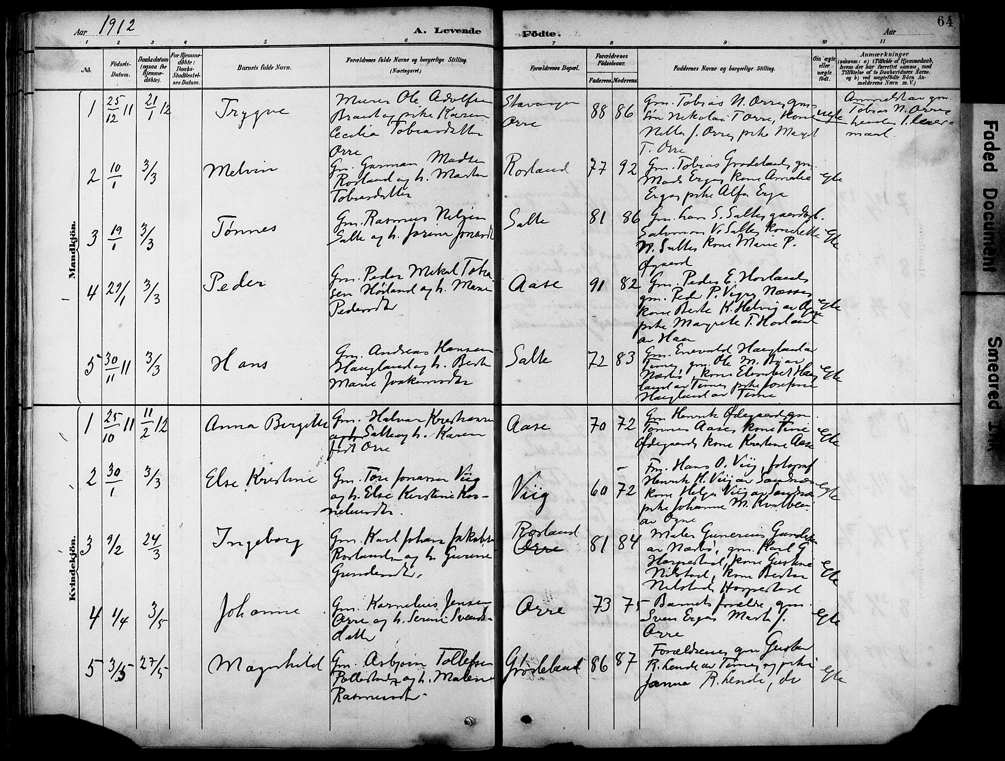 Klepp sokneprestkontor, SAST/A-101803/001/3/30BB/L0005: Parish register (copy) no. B 5, 1889-1918, p. 64