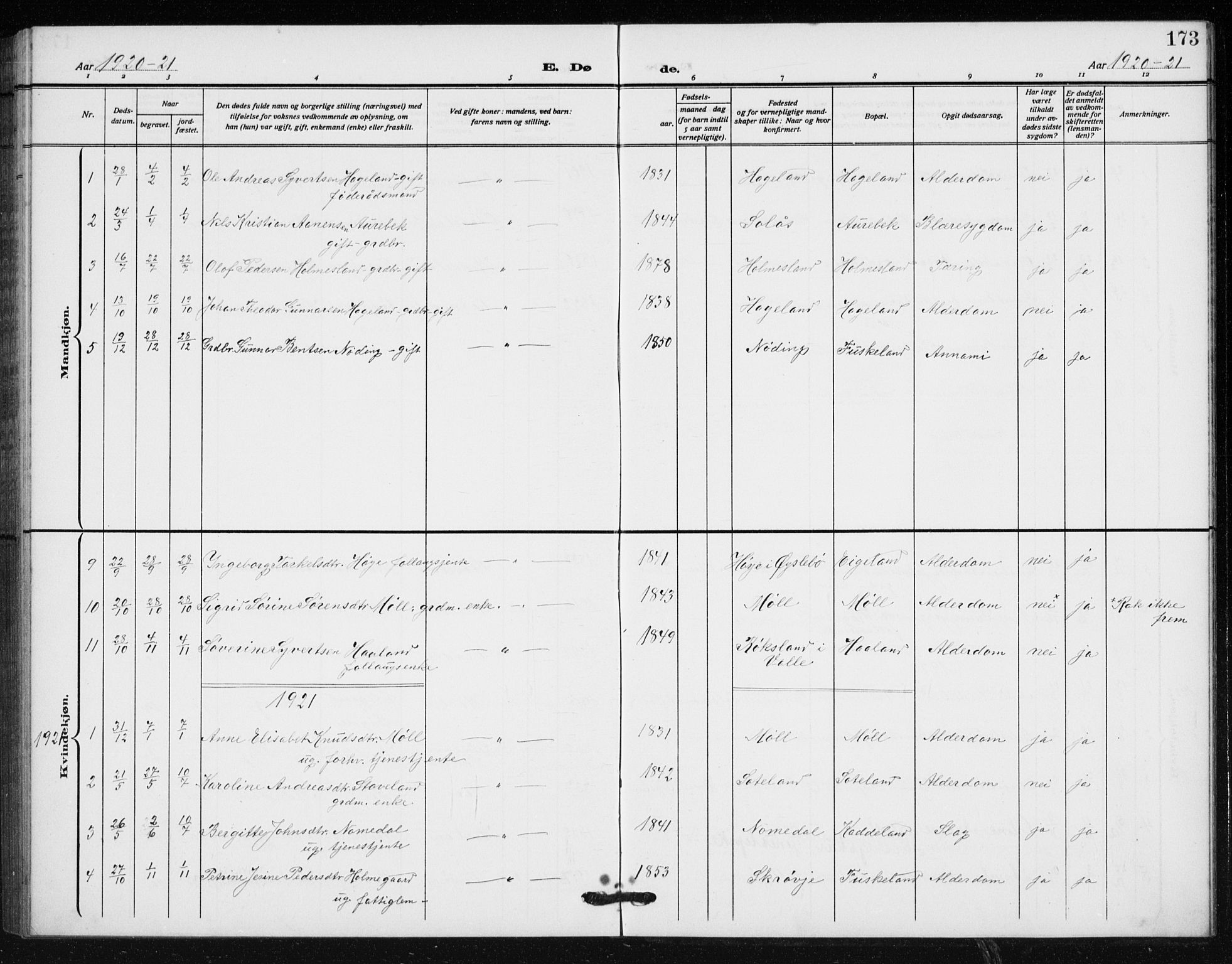 Holum sokneprestkontor, SAK/1111-0022/F/Fb/Fba/L0006: Parish register (copy) no. B 6, 1910-1936, p. 173