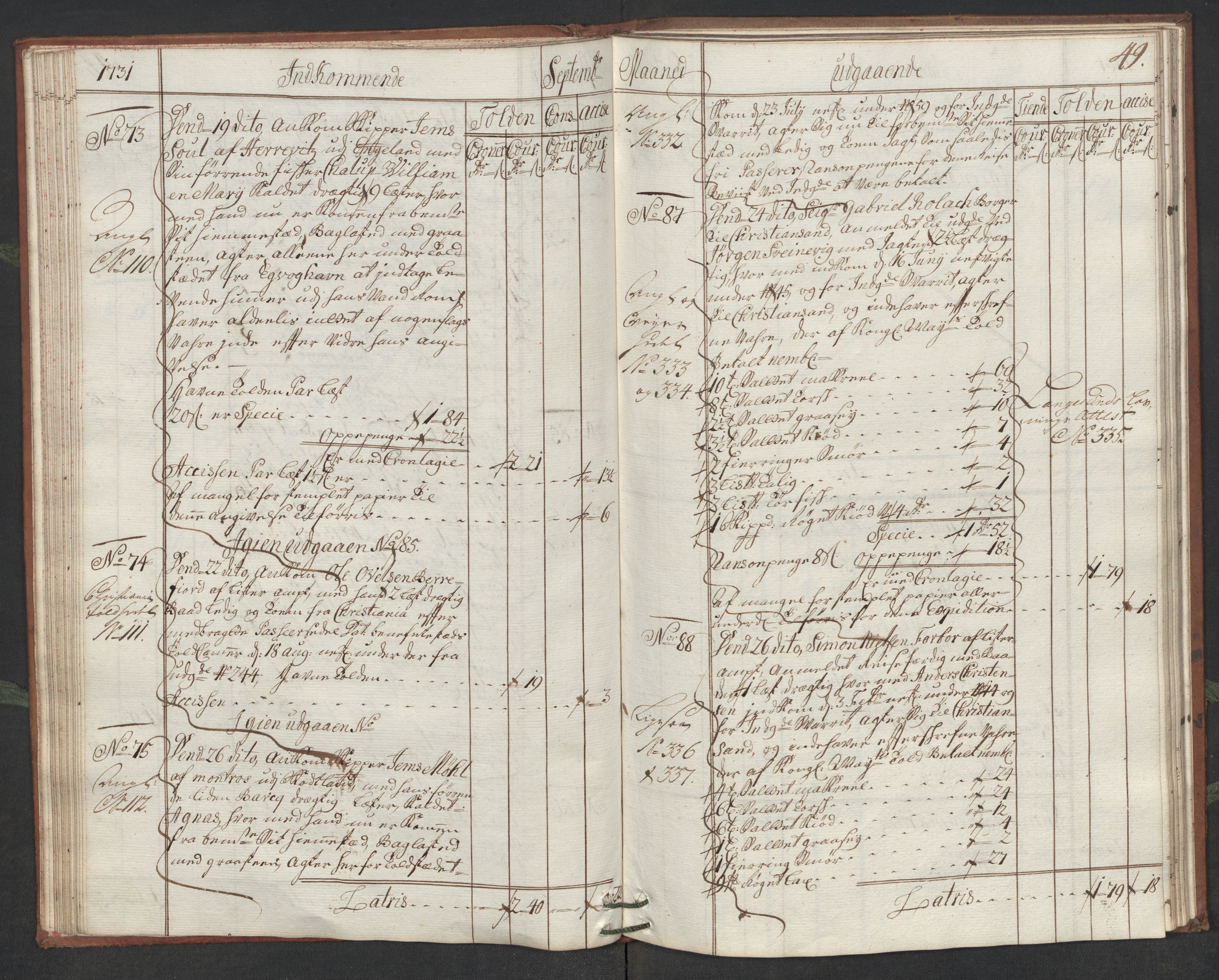 Generaltollkammeret, tollregnskaper, AV/RA-EA-5490/R19/L0006/0001: Tollregnskaper Flekkefjord / Hovedtollbok, 1731, p. 48b-49a