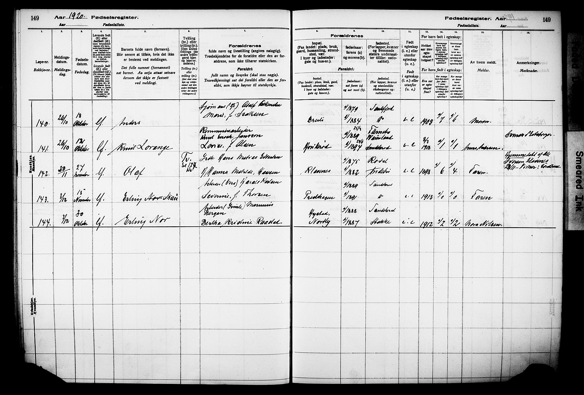 Sandar kirkebøker, AV/SAKO-A-243/J/Ja/L0001: Birth register no. 1, 1916-1922, p. 149