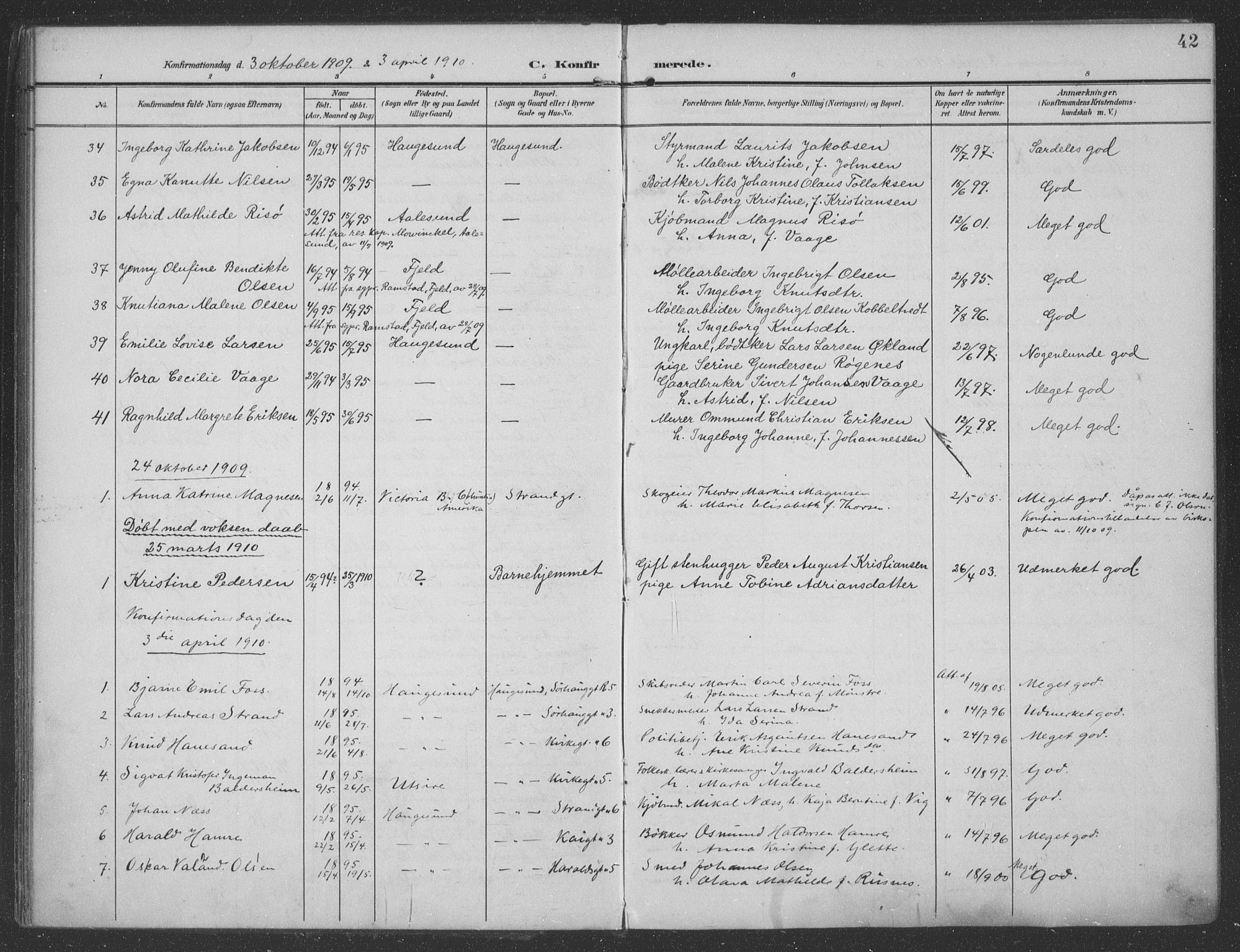 Haugesund sokneprestkontor, AV/SAST-A -101863/H/Ha/Haa/L0007: Parish register (official) no. A 7, 1904-1916, p. 42