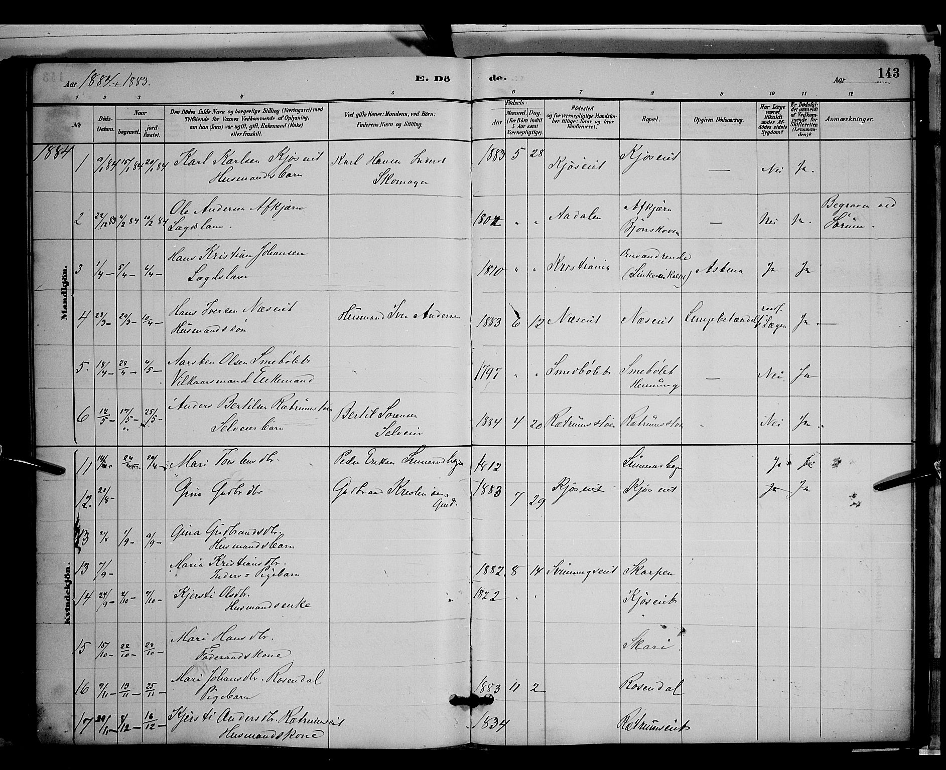Gran prestekontor, SAH/PREST-112/H/Ha/Hab/L0003: Parish register (copy) no. 3, 1882-1890, p. 143