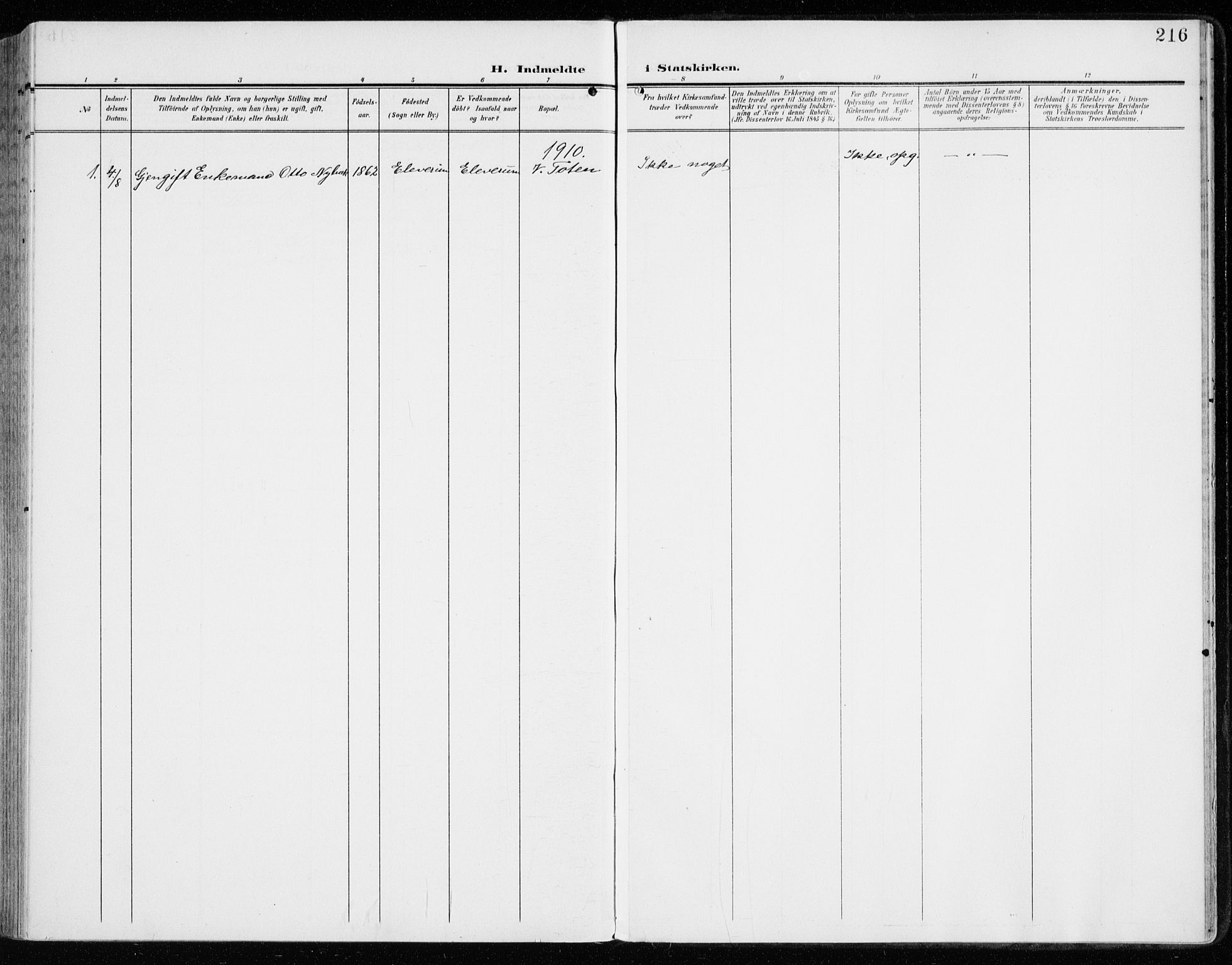 Vardal prestekontor, SAH/PREST-100/H/Ha/Haa/L0016: Parish register (official) no. 16, 1904-1916, p. 216