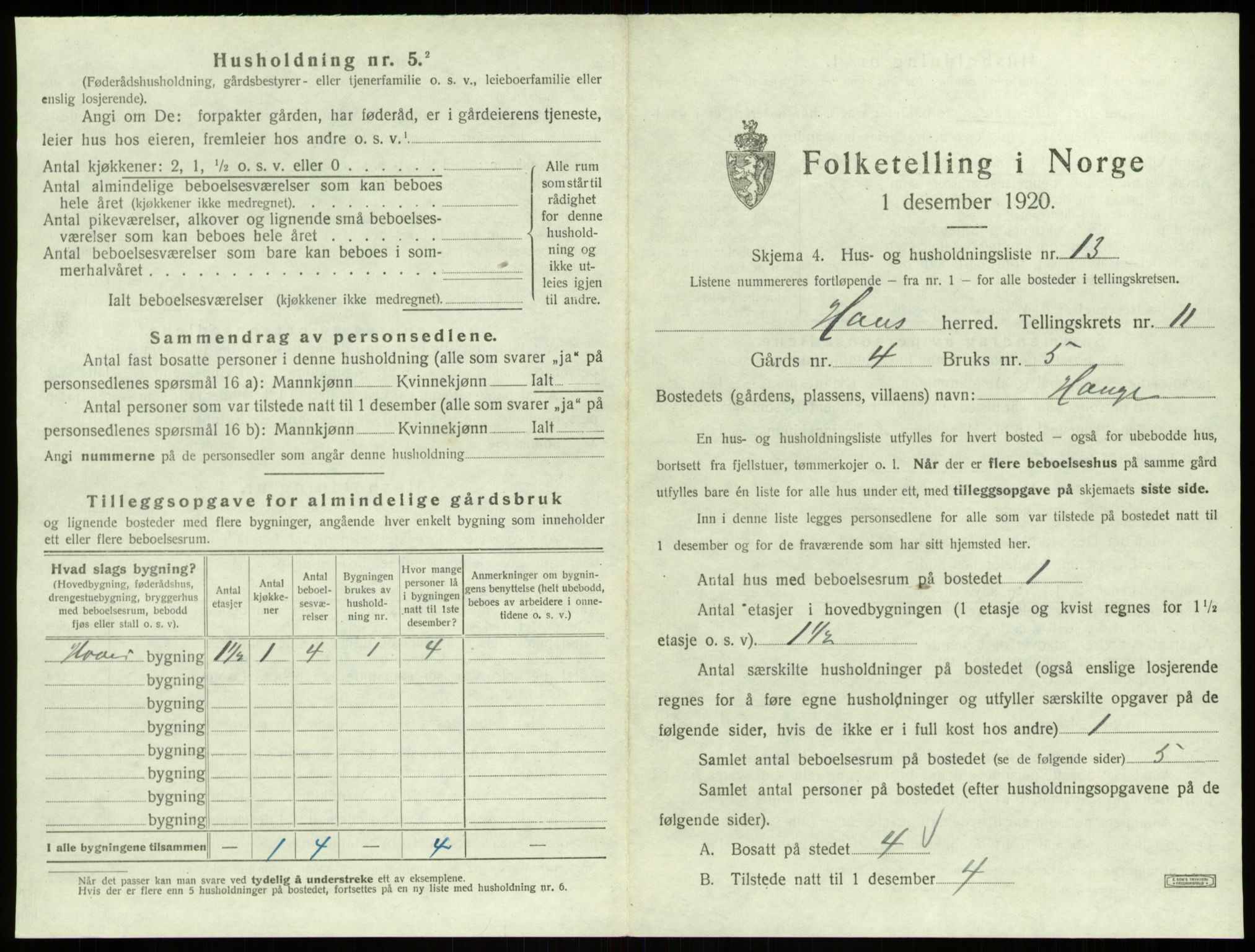 SAB, 1920 census for Haus, 1920, p. 837