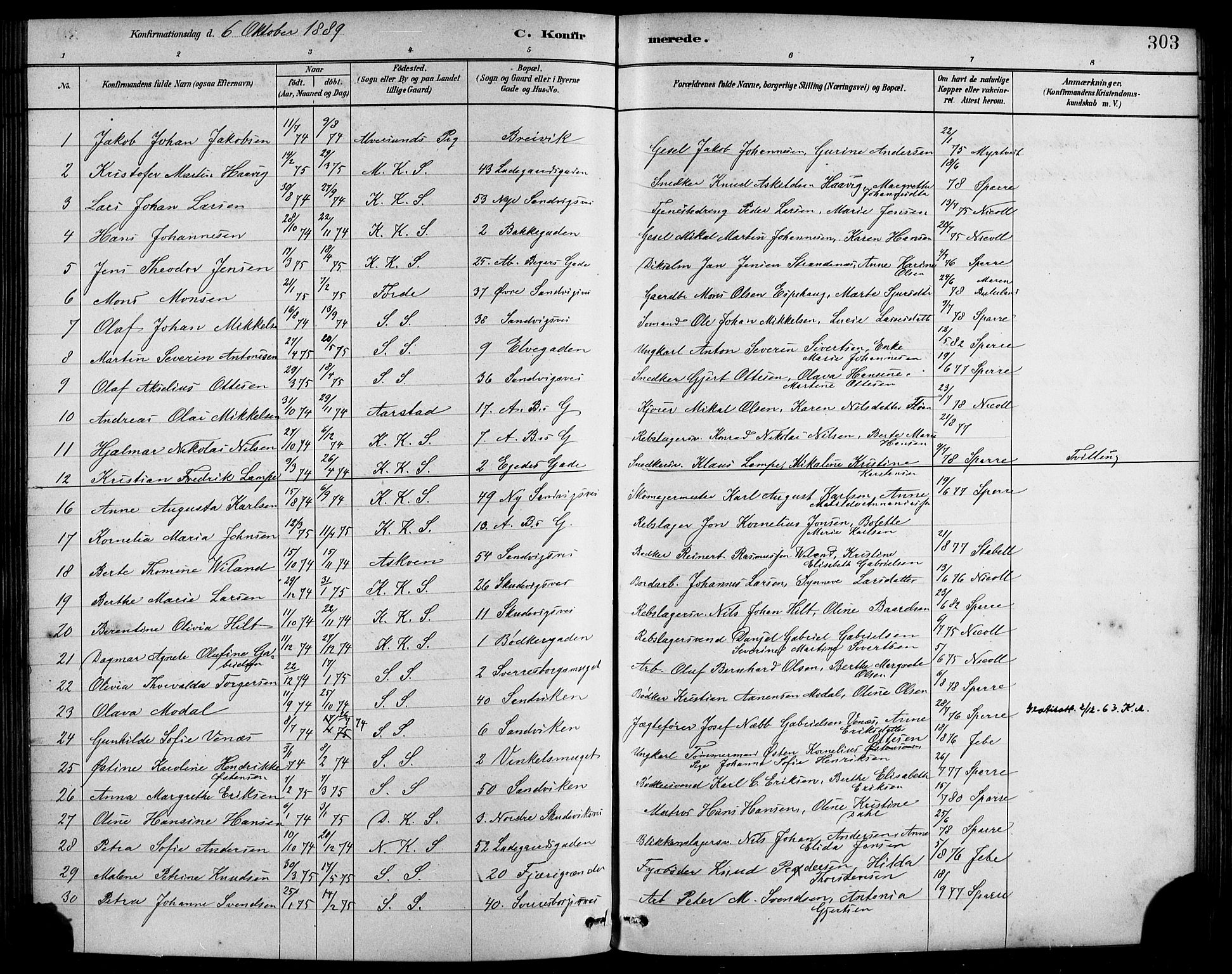 Sandviken Sokneprestembete, AV/SAB-A-77601/H/Hb/L0001: Parish register (copy) no. A 2, 1879-1892, p. 303