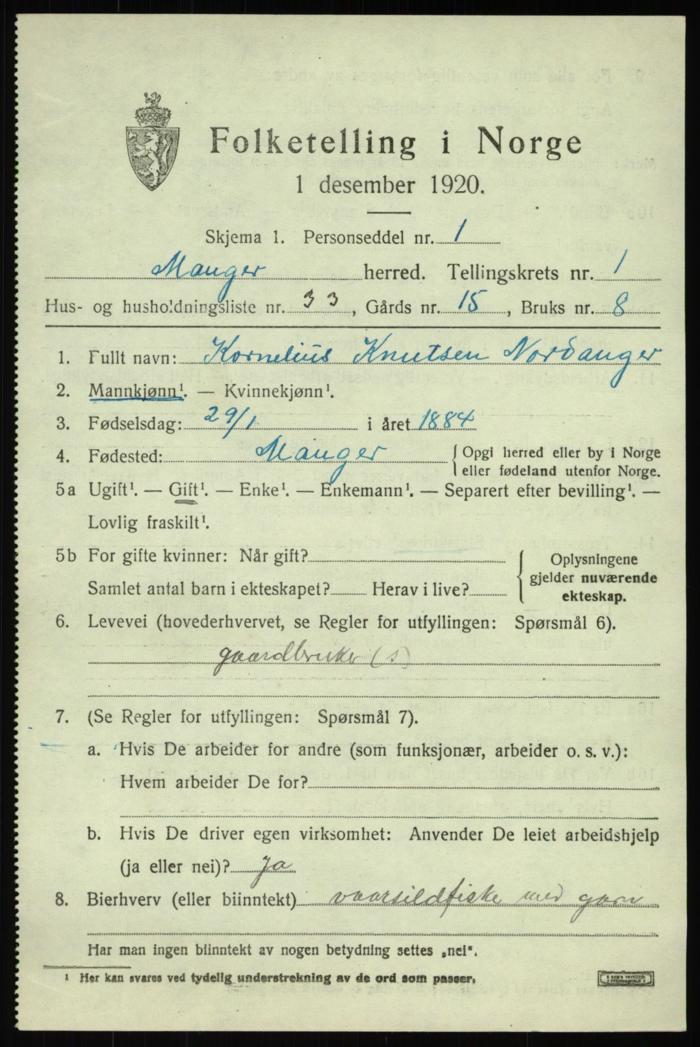 SAB, 1920 census for Manger, 1920, p. 1905