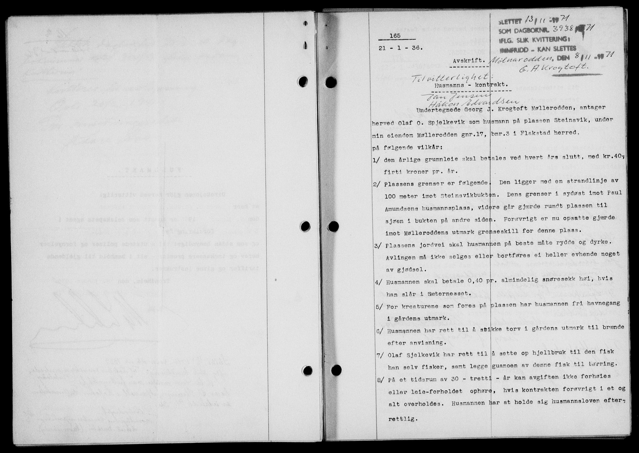 Lofoten sorenskriveri, SAT/A-0017/1/2/2C/L0033b: Mortgage book no. 33b, 1936-1936, Diary no: : 165/1936