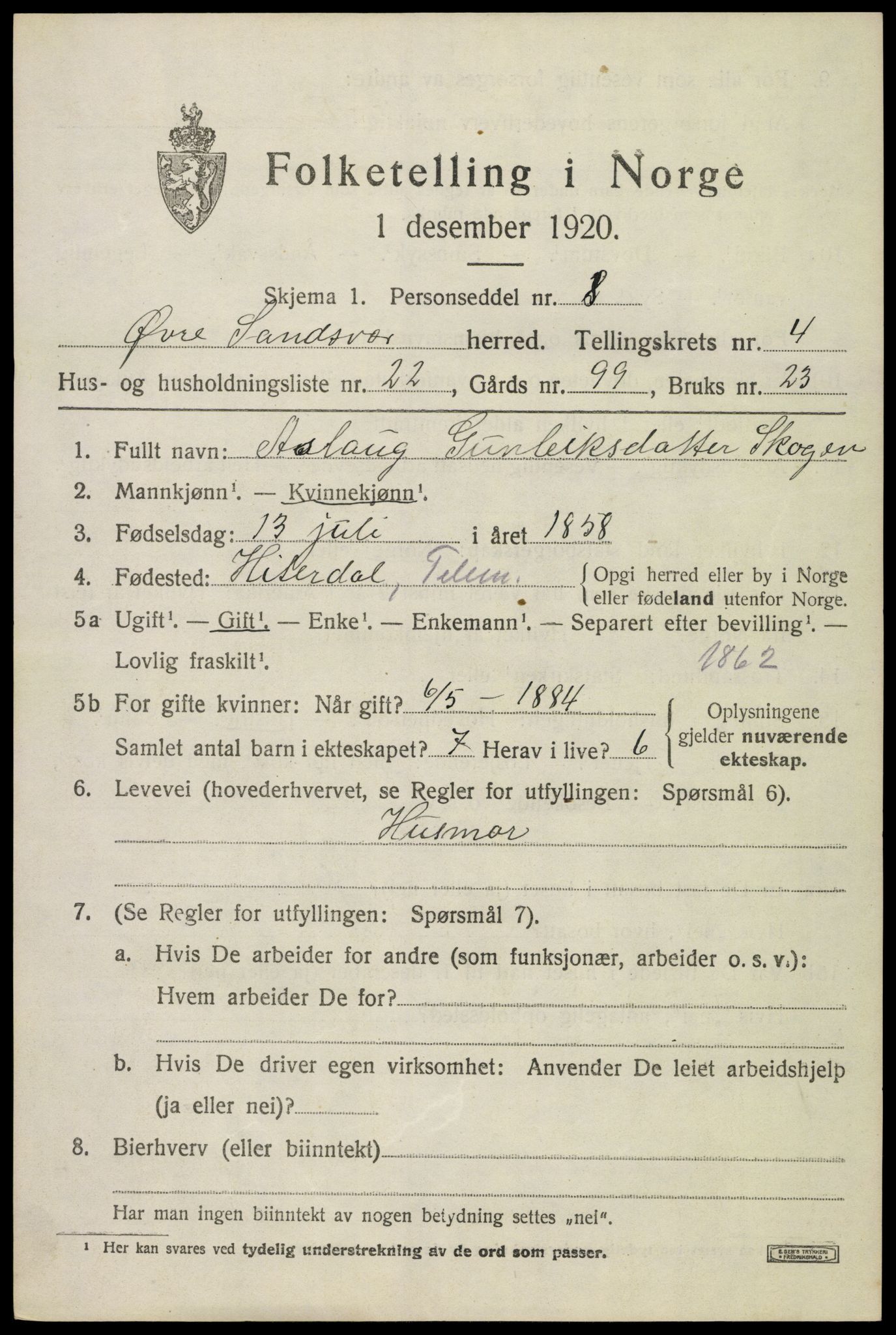 SAKO, 1920 census for Øvre Sandsvær, 1920, p. 2812