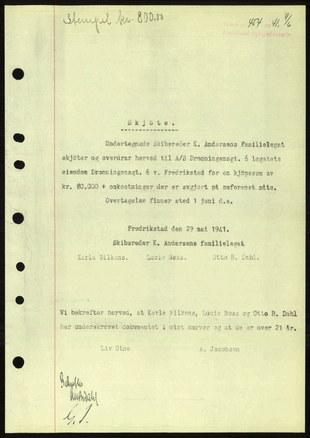 Fredrikstad byfogd, AV/SAO-A-10473a/G/Ga/Gac/L0002: Mortgage book no. A32a, 1940-1945, Diary no: : 454/1941