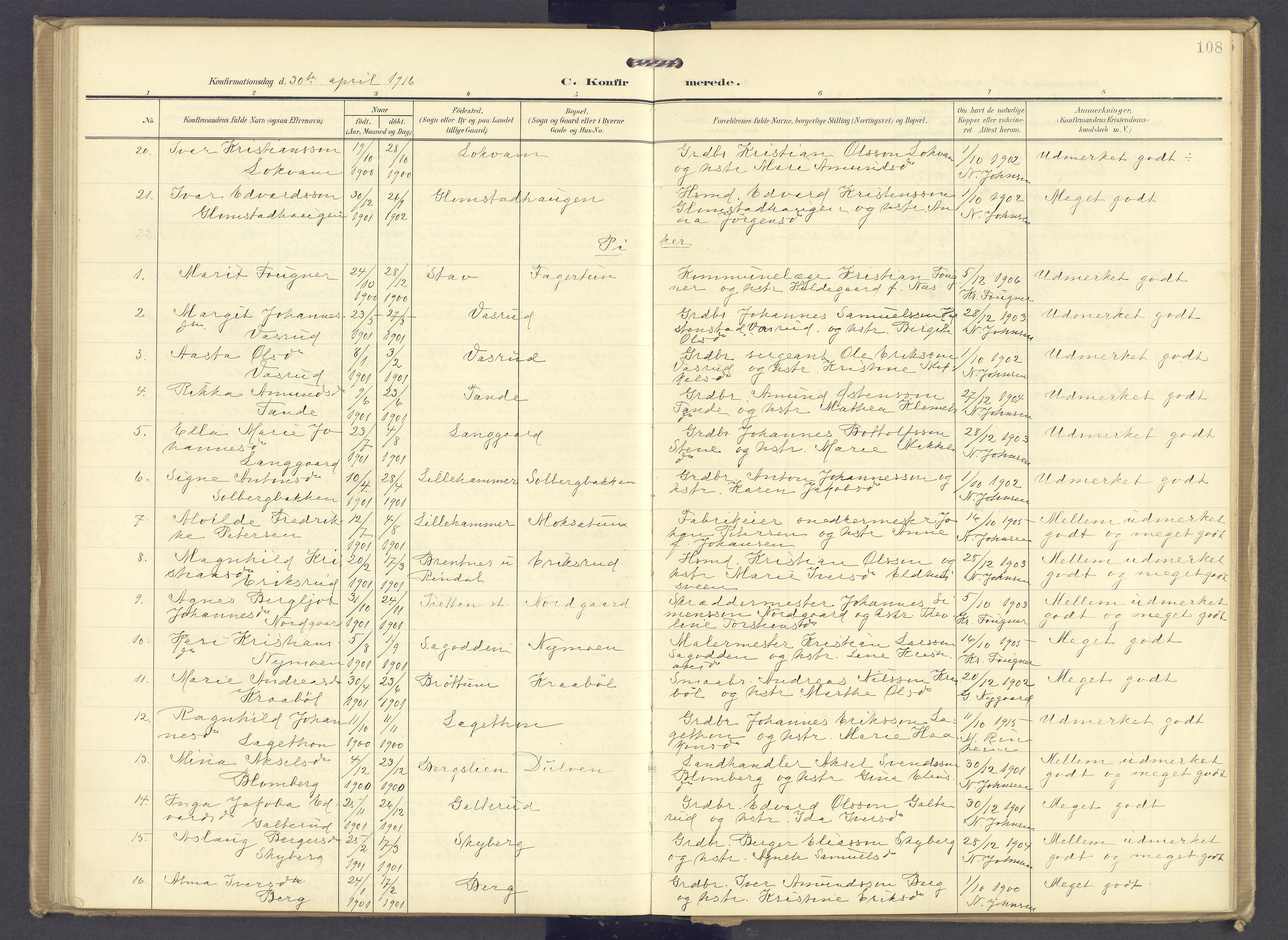 Øyer prestekontor, AV/SAH-PREST-084/H/Ha/Haa/L0013: Parish register (official) no. 13, 1905-1920, p. 108