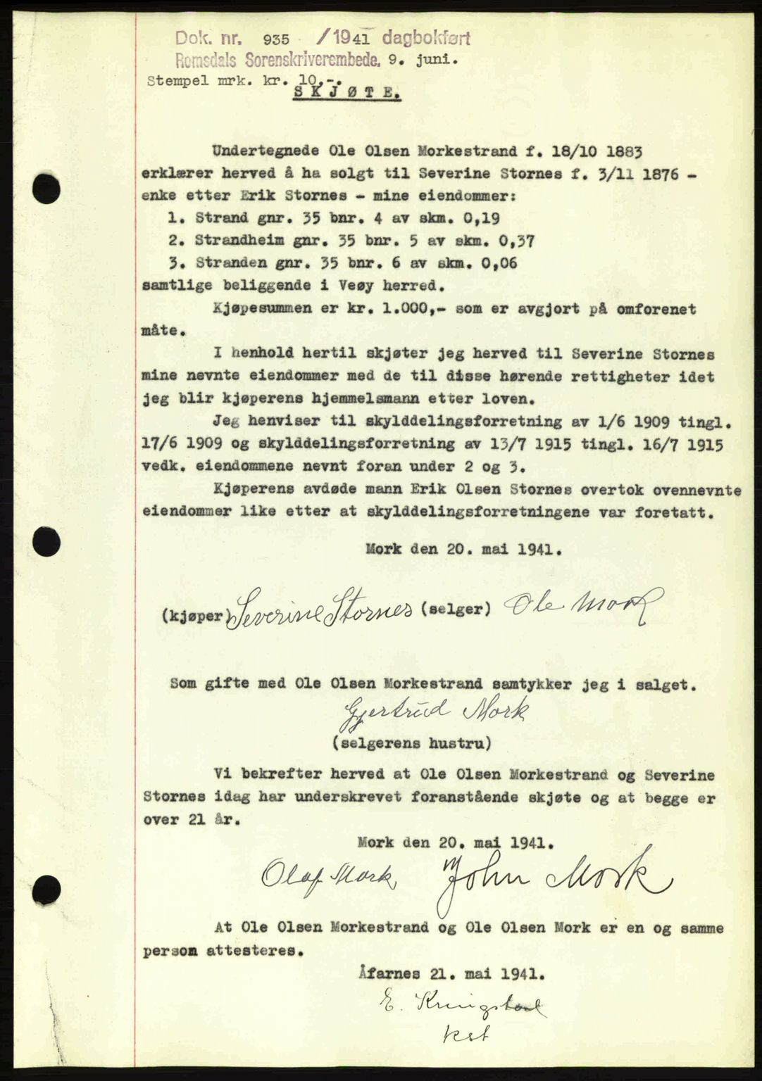 Romsdal sorenskriveri, AV/SAT-A-4149/1/2/2C: Mortgage book no. A10, 1941-1941, Diary no: : 935/1941