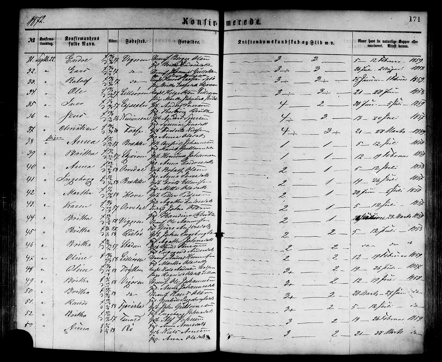 Vik sokneprestembete, SAB/A-81501: Parish register (official) no. A 9, 1866-1877, p. 171