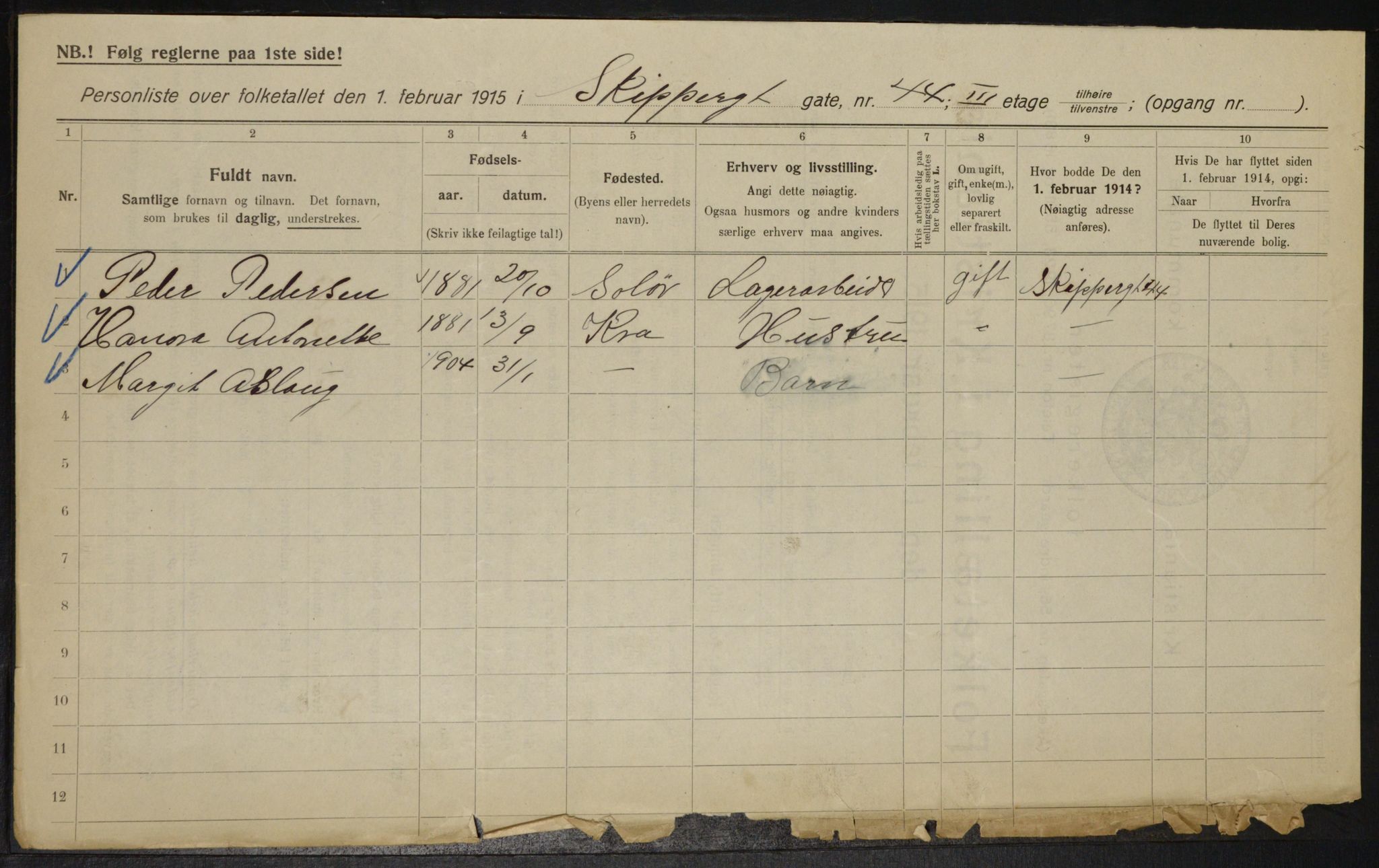 OBA, Municipal Census 1915 for Kristiania, 1915, p. 95665