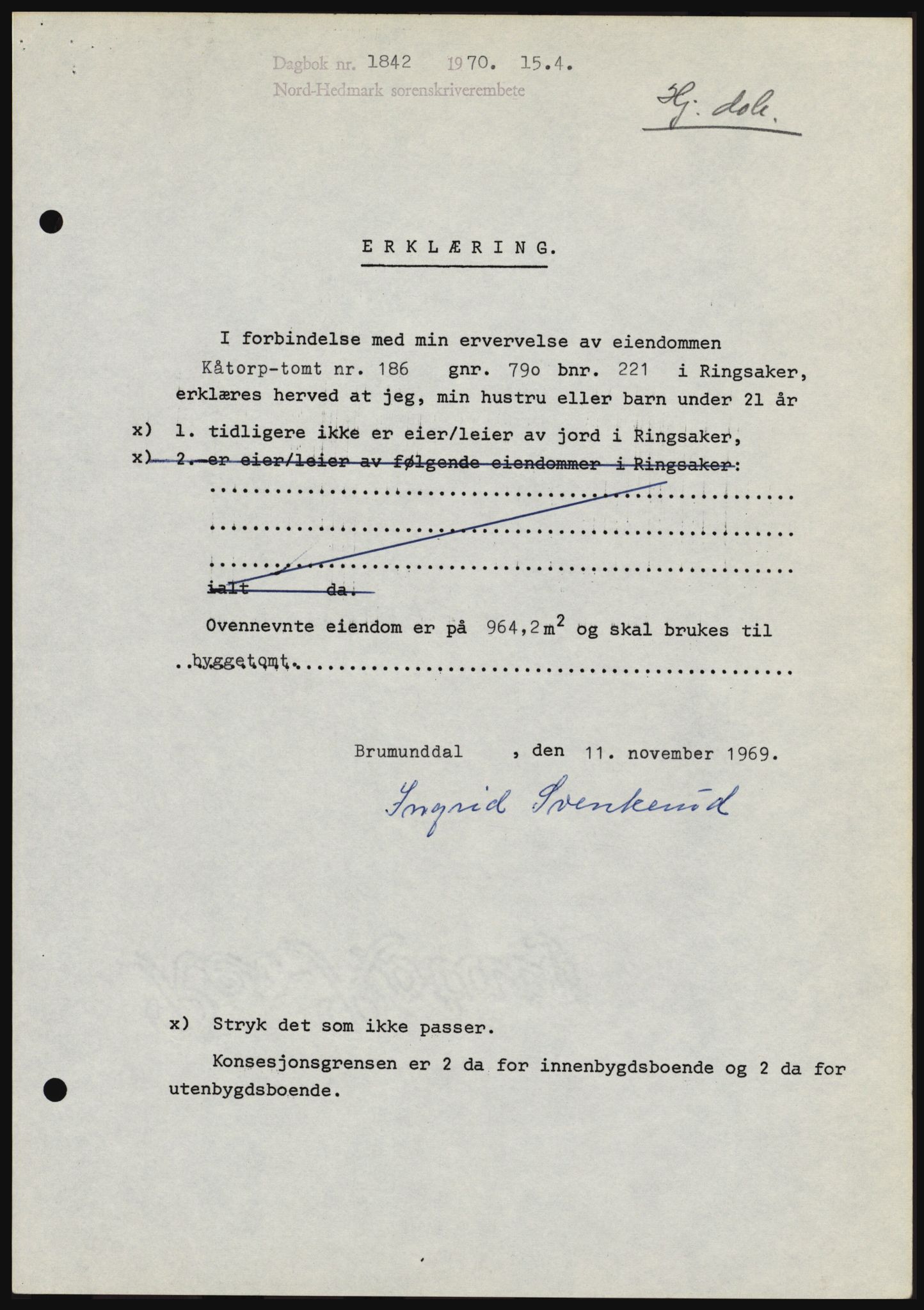 Nord-Hedmark sorenskriveri, SAH/TING-012/H/Hc/L0033: Mortgage book no. 33, 1970-1970, Diary no: : 1842/1970