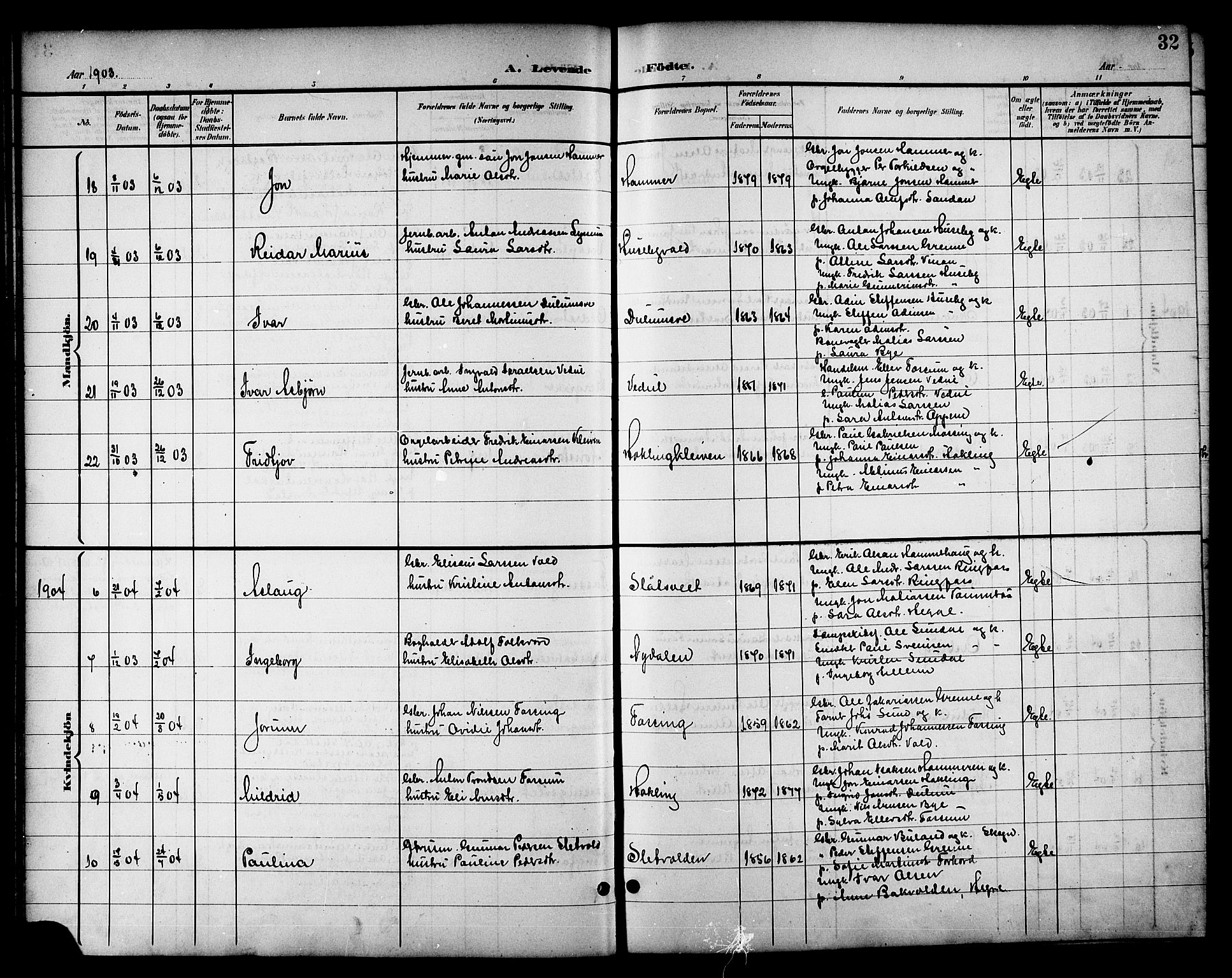 Ministerialprotokoller, klokkerbøker og fødselsregistre - Nord-Trøndelag, SAT/A-1458/714/L0135: Parish register (copy) no. 714C04, 1899-1918, p. 32