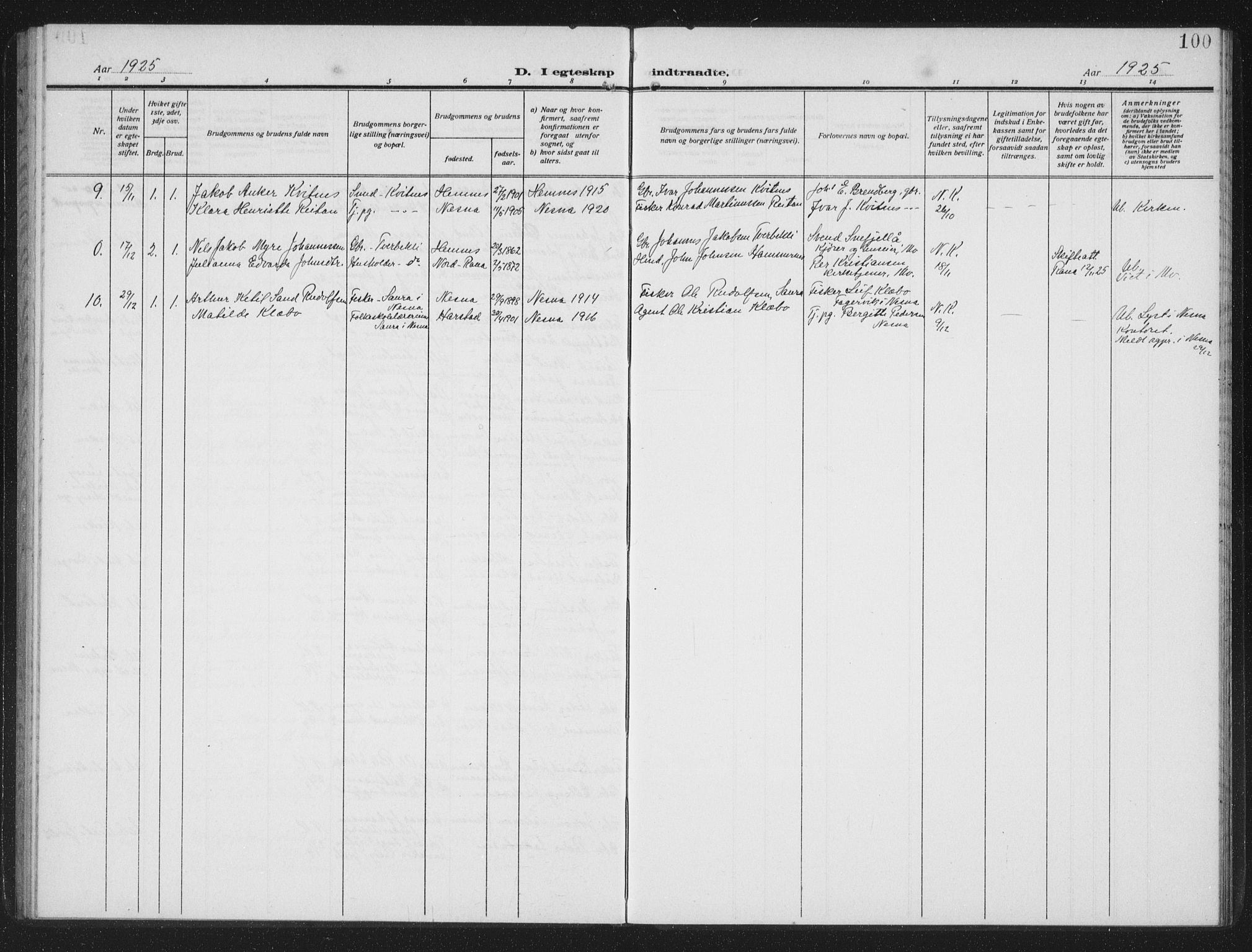 Ministerialprotokoller, klokkerbøker og fødselsregistre - Nordland, AV/SAT-A-1459/825/L0371: Parish register (copy) no. 825C08, 1907-1940, p. 100