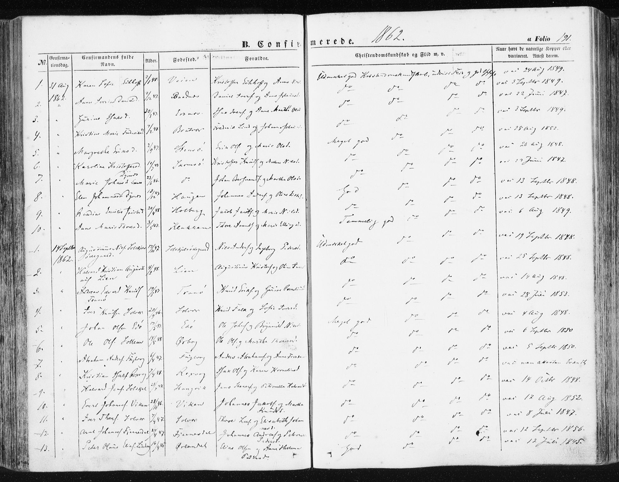 Ministerialprotokoller, klokkerbøker og fødselsregistre - Møre og Romsdal, AV/SAT-A-1454/581/L0937: Parish register (official) no. 581A05, 1853-1872, p. 191