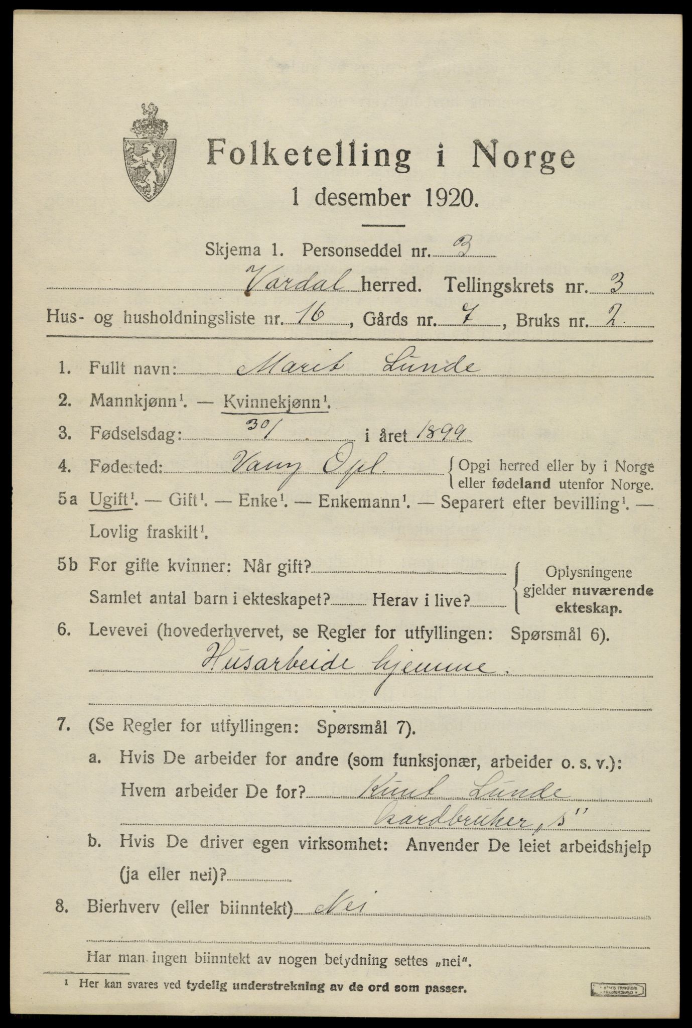 SAH, 1920 census for Vardal, 1920, p. 2845