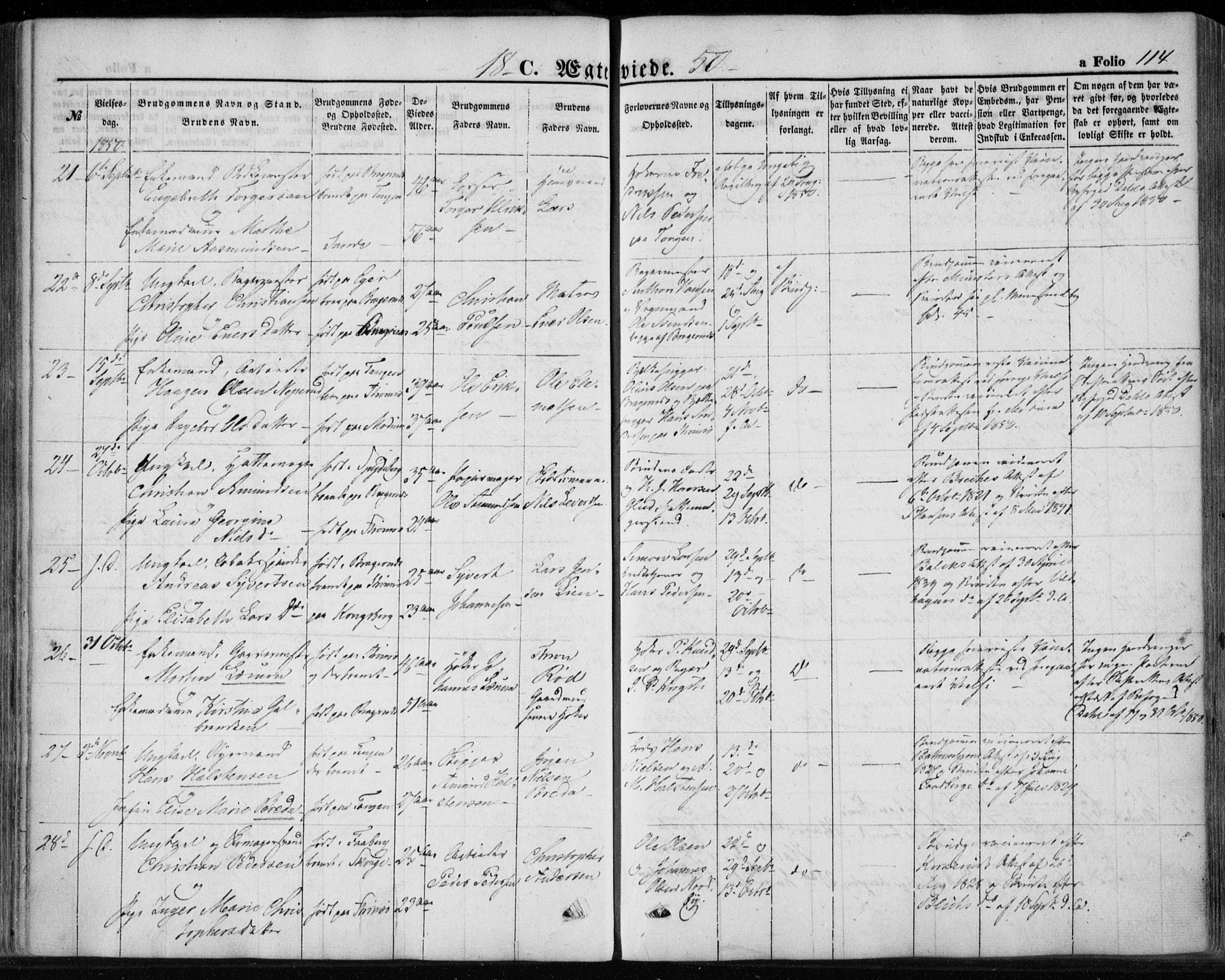 Strømsø kirkebøker, AV/SAKO-A-246/F/Fa/L0017: Parish register (official) no. I 17, 1848-1865, p. 114