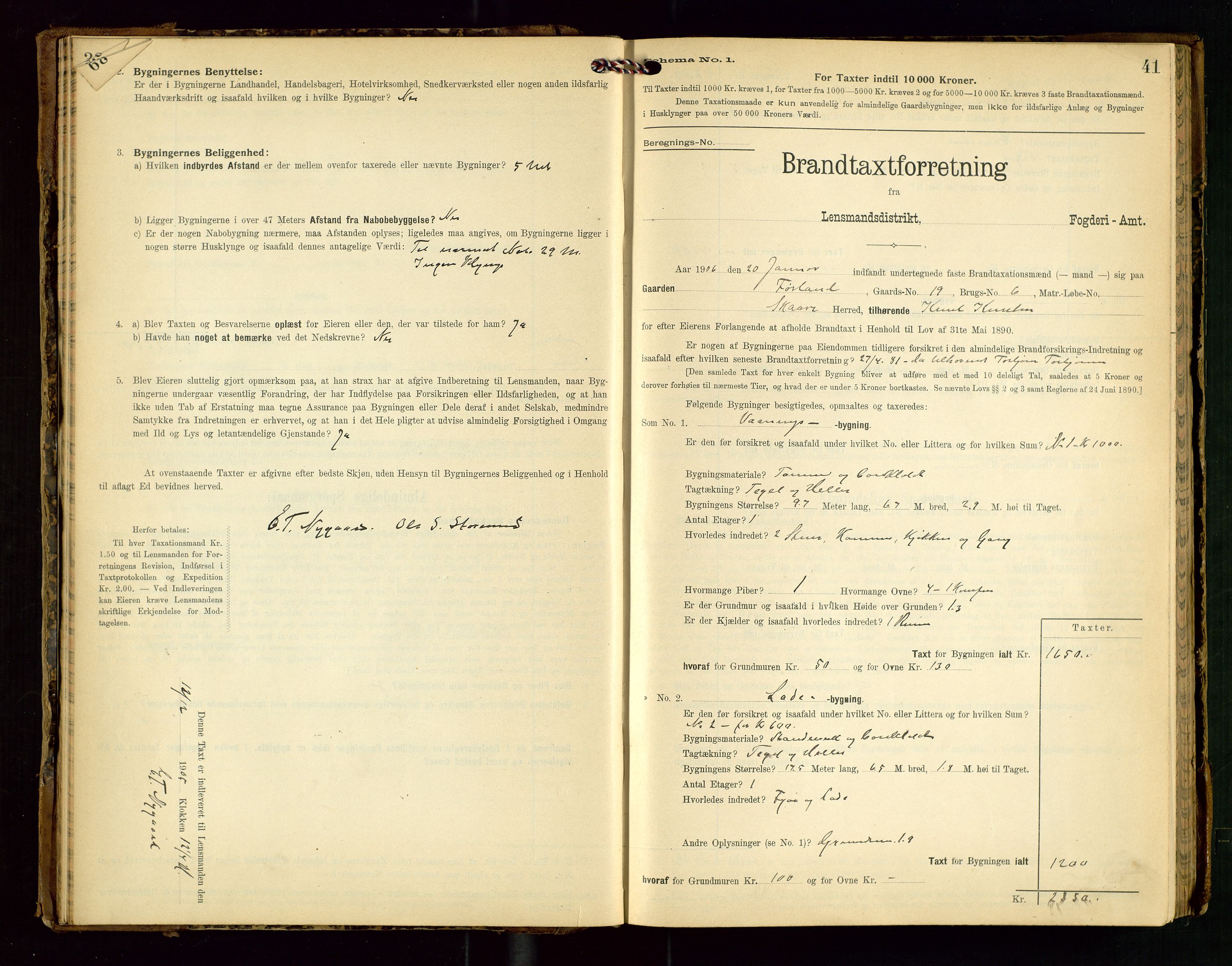 Torvestad lensmannskontor, SAST/A-100307/1/Gob/L0003: "Brandtaxationsprotokol for Torvestad Lensmannsdistrikt", 1905-1909, p. 40-41
