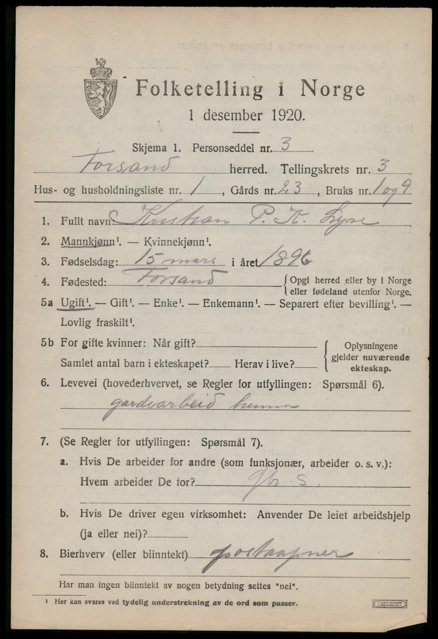 SAST, 1920 census for Forsand, 1920, p. 1427