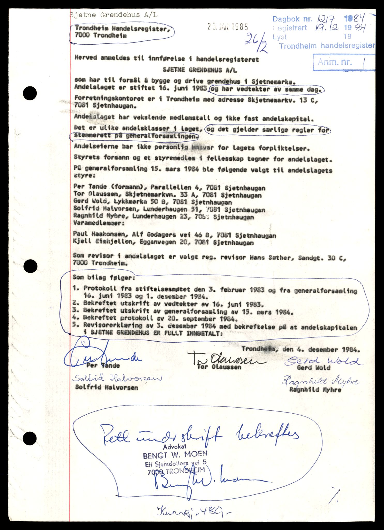 Trondheim byfogd, AV/SAT-A-0003/2/J/Jd/Jda/L0089: Bilag, andelslag og borettslag, Sje-Sta, 1944-1990, p. 1