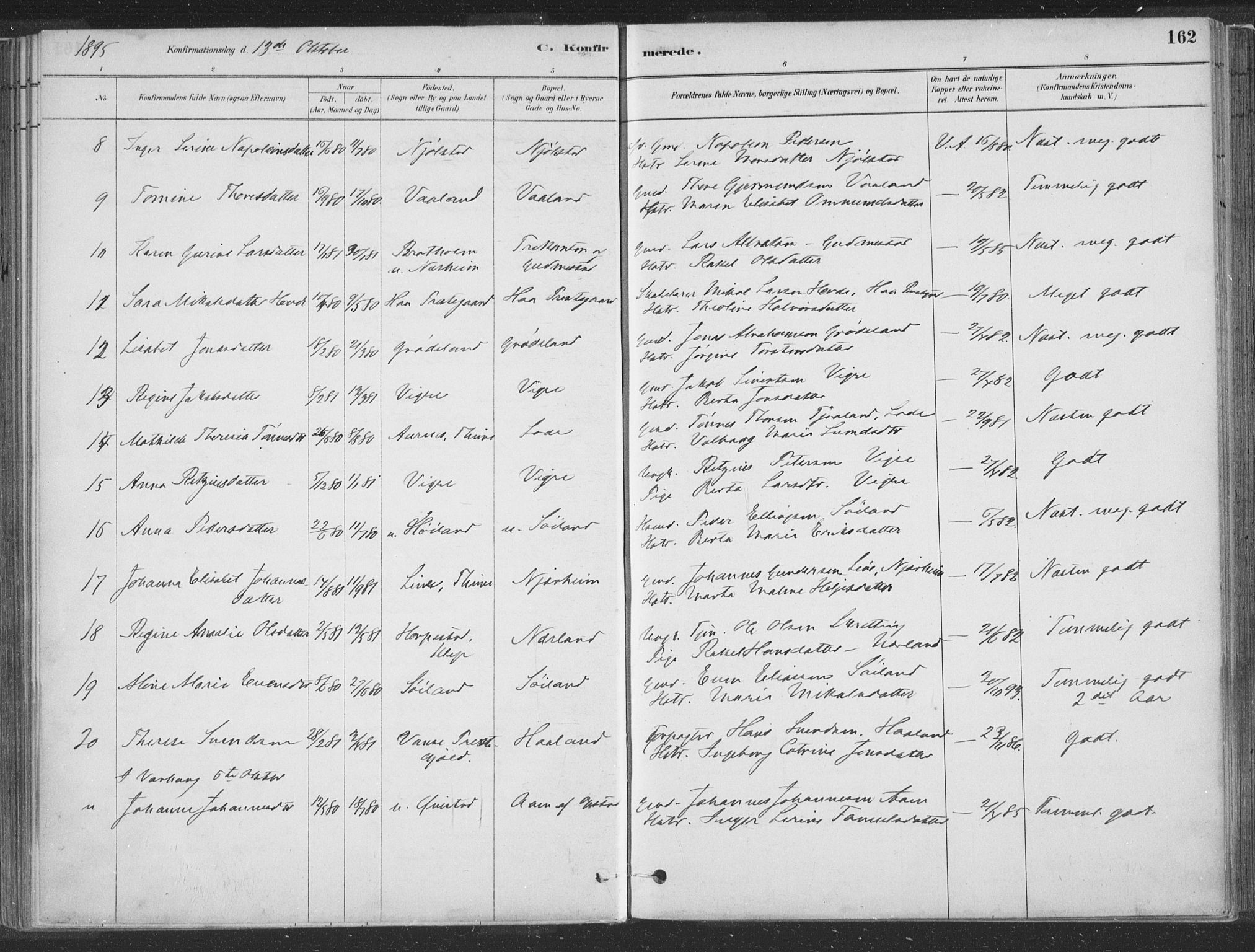 Hå sokneprestkontor, SAST/A-101801/001/30BA/L0010: Parish register (official) no. A 9, 1879-1896, p. 162