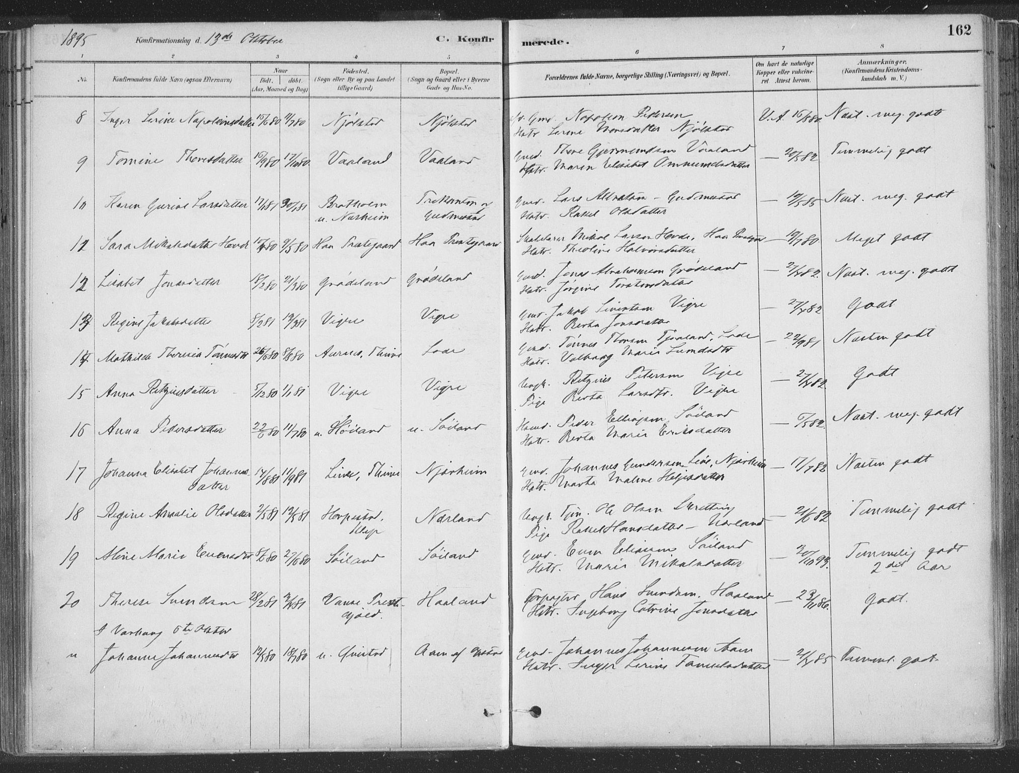 Hå sokneprestkontor, AV/SAST-A-101801/001/30BA/L0010: Parish register (official) no. A 9, 1879-1896, p. 162