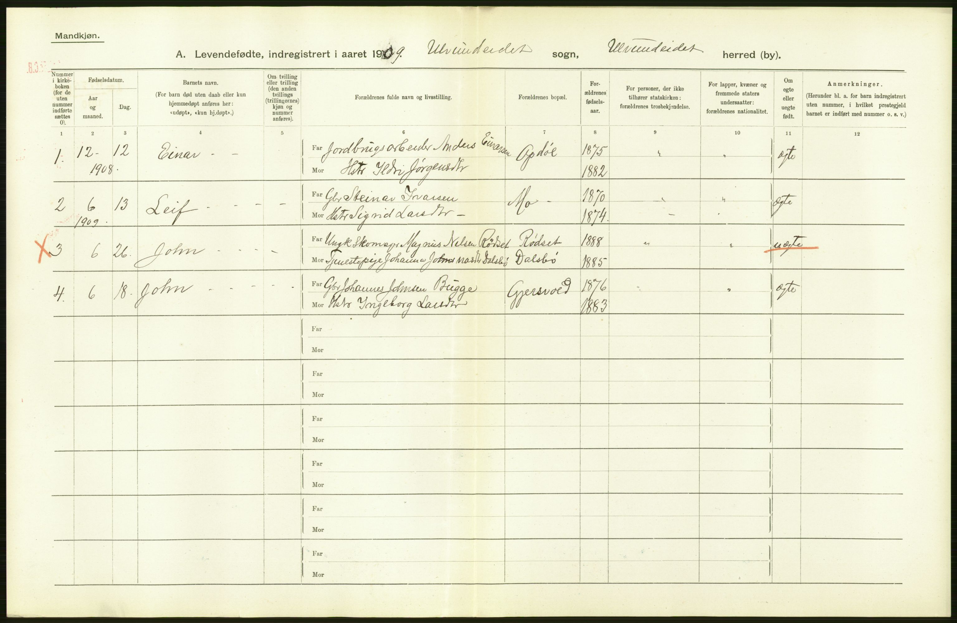 Statistisk sentralbyrå, Sosiodemografiske emner, Befolkning, AV/RA-S-2228/D/Df/Dfa/Dfag/L0036: Romsdals amt: Levendefødte menn og kvinner. Bygder., 1909, p. 18