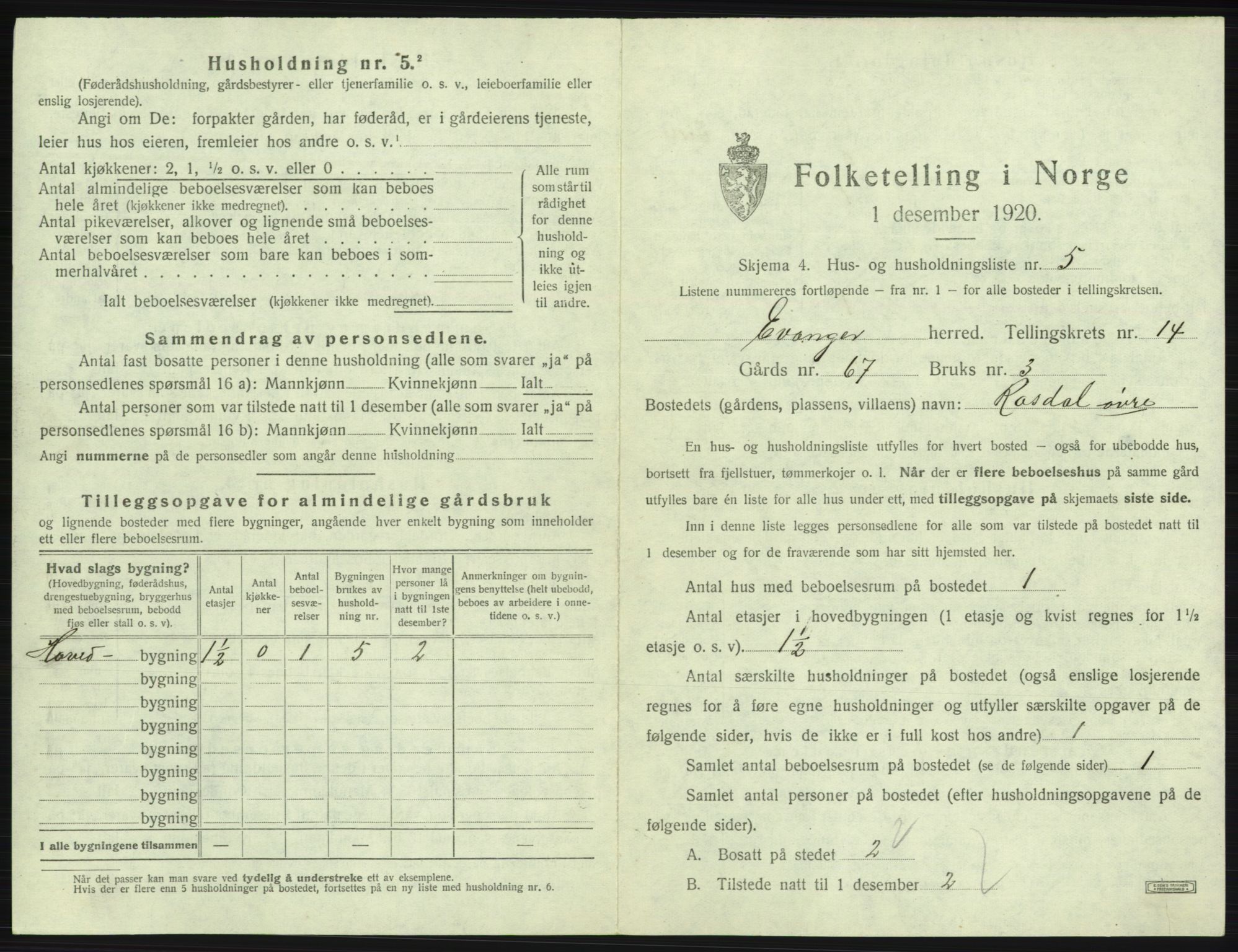 SAB, 1920 census for Evanger, 1920, p. 643