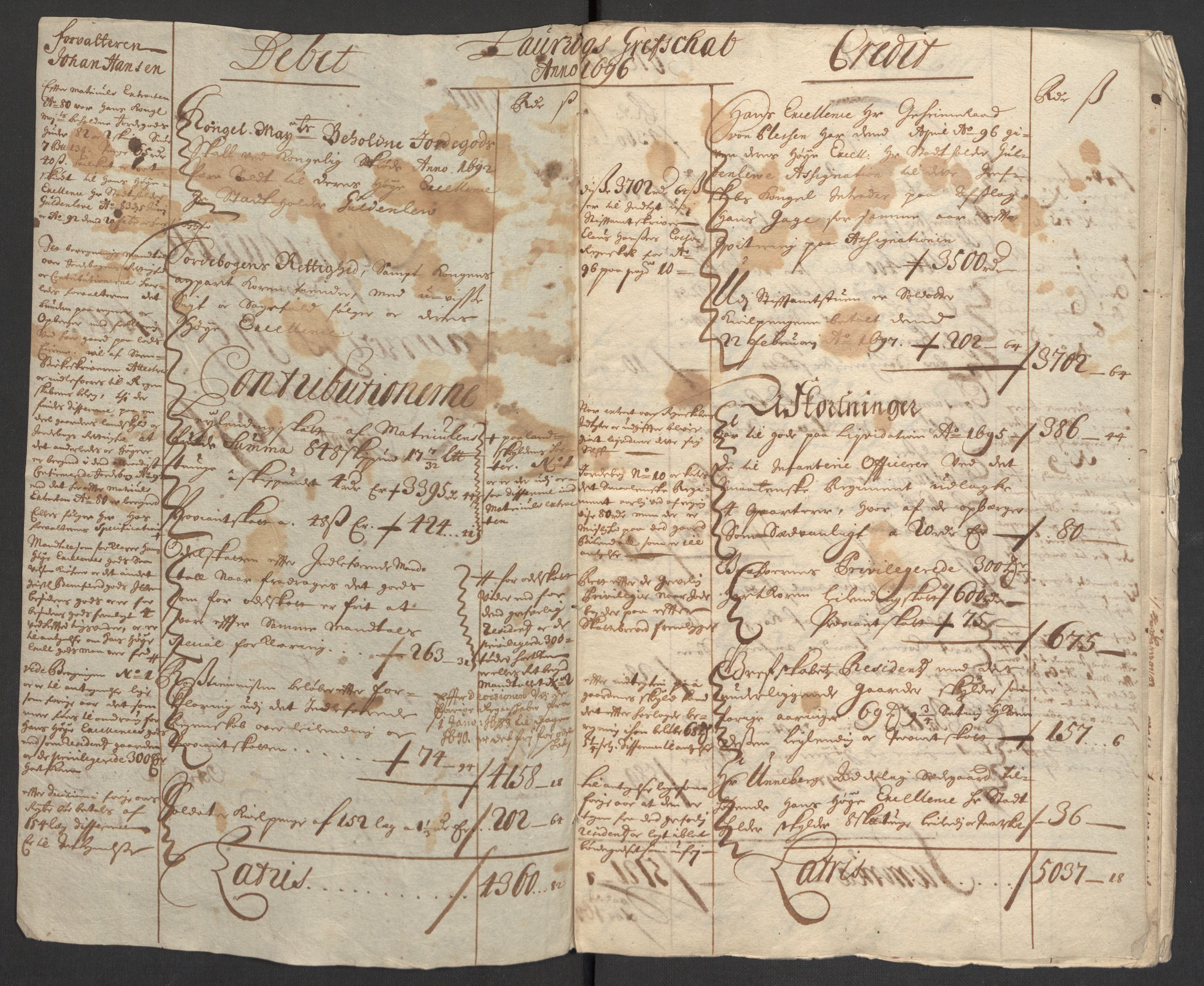 Rentekammeret inntil 1814, Reviderte regnskaper, Fogderegnskap, RA/EA-4092/R33/L1975: Fogderegnskap Larvik grevskap, 1696-1697, p. 4
