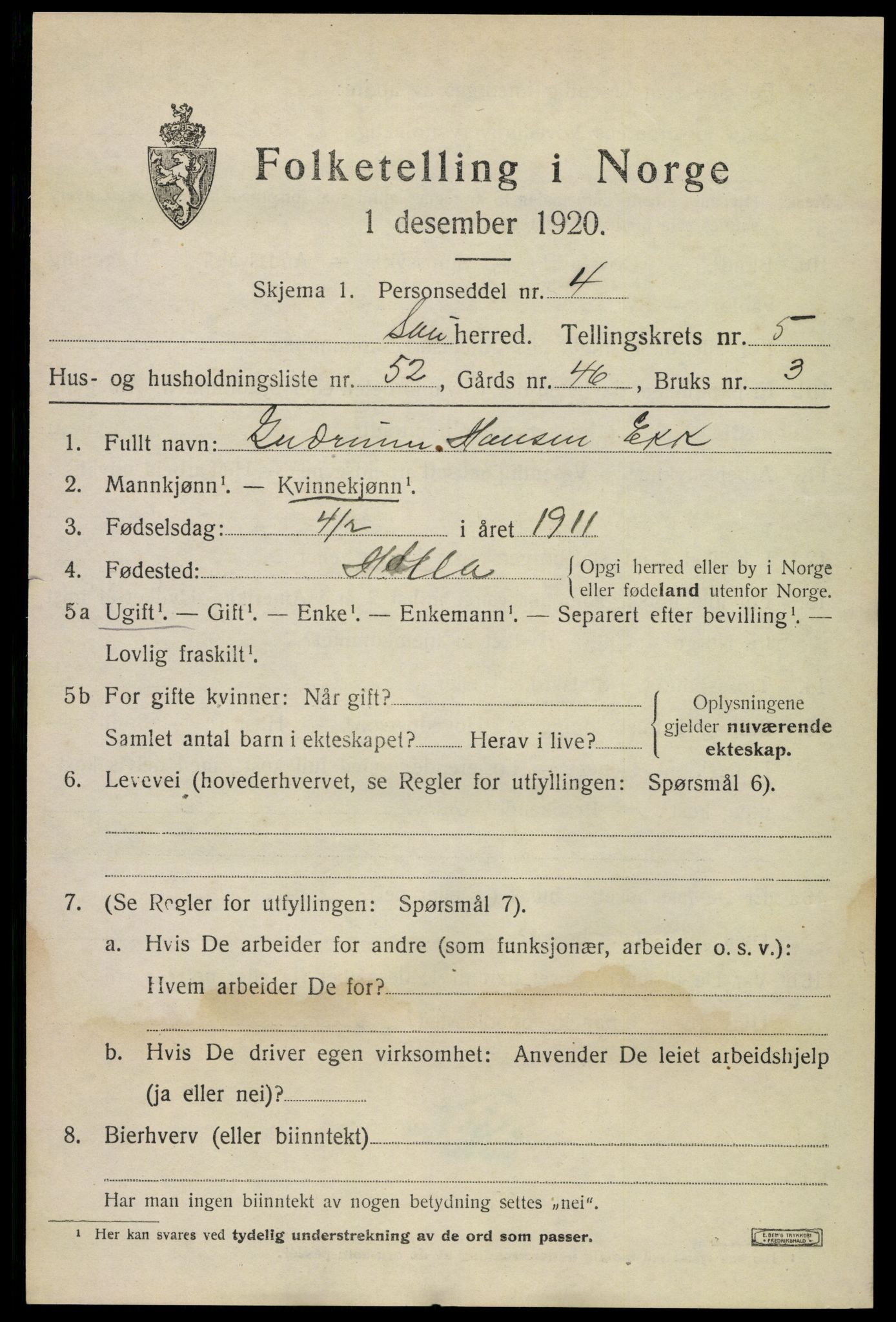 SAKO, 1920 census for Sauherad, 1920, p. 5061