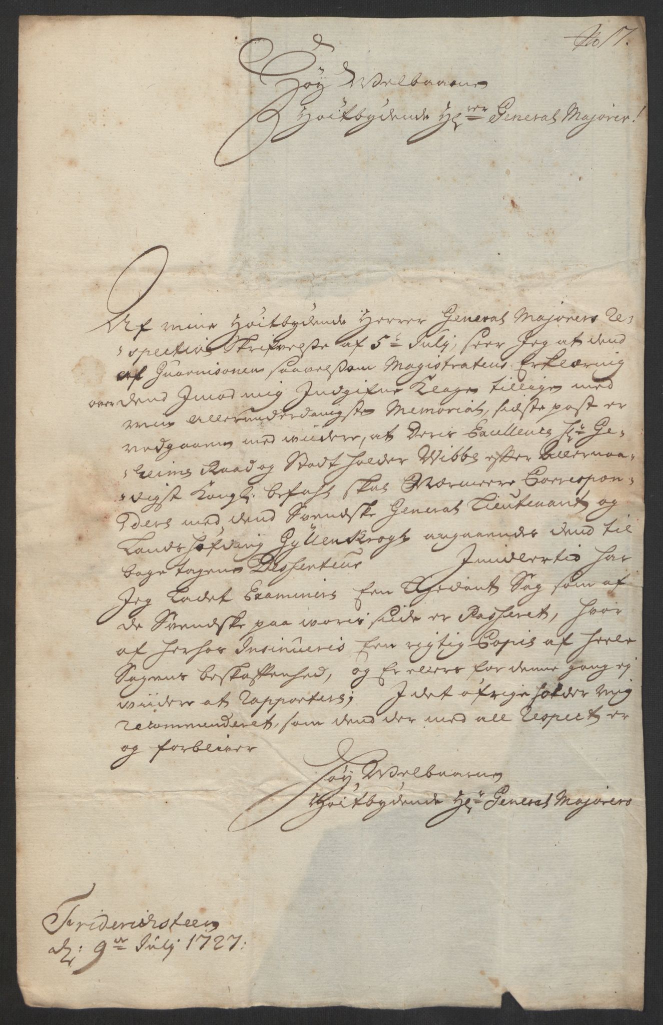 Kommanderende general (KG I) med Det norske krigsdirektorium, AV/RA-EA-5419/D/L0153: Fredriksten festning: Brev, inventarfortegnelser og regnskapsekstrakter, 1724-1729, p. 468