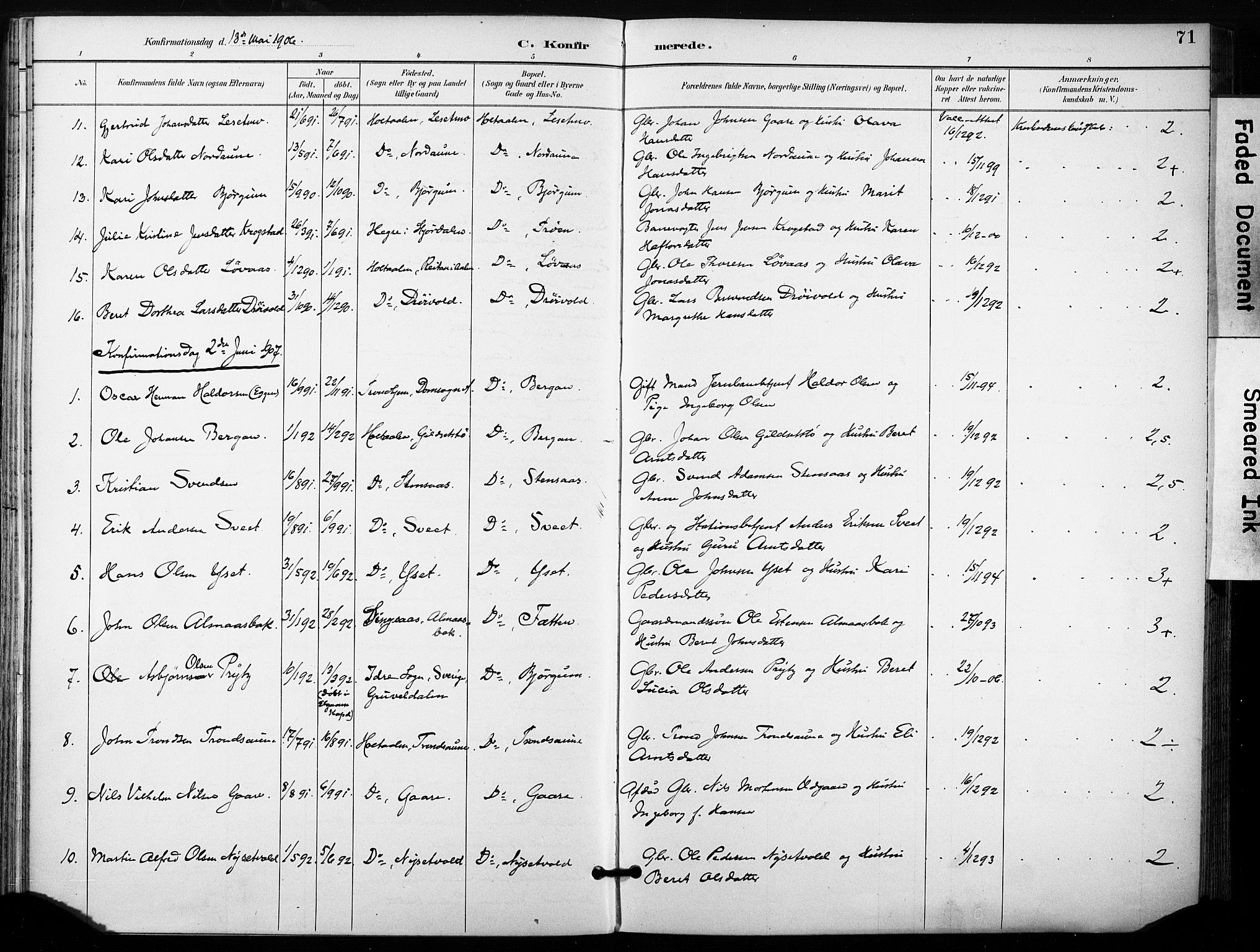 Ministerialprotokoller, klokkerbøker og fødselsregistre - Sør-Trøndelag, SAT/A-1456/685/L0973: Parish register (official) no. 685A10, 1891-1907, p. 71
