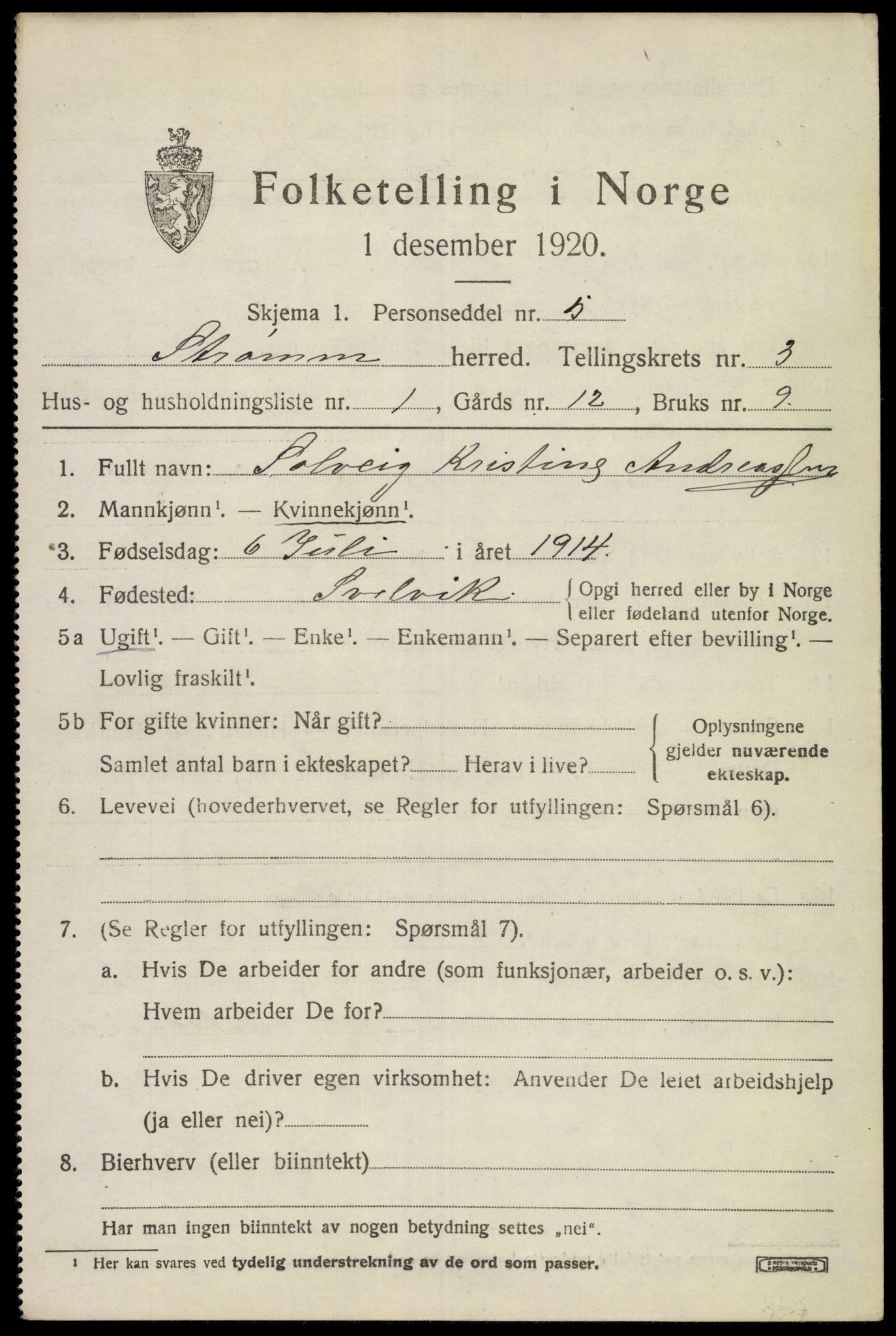 SAKO, 1920 census for Strømm, 1920, p. 2027