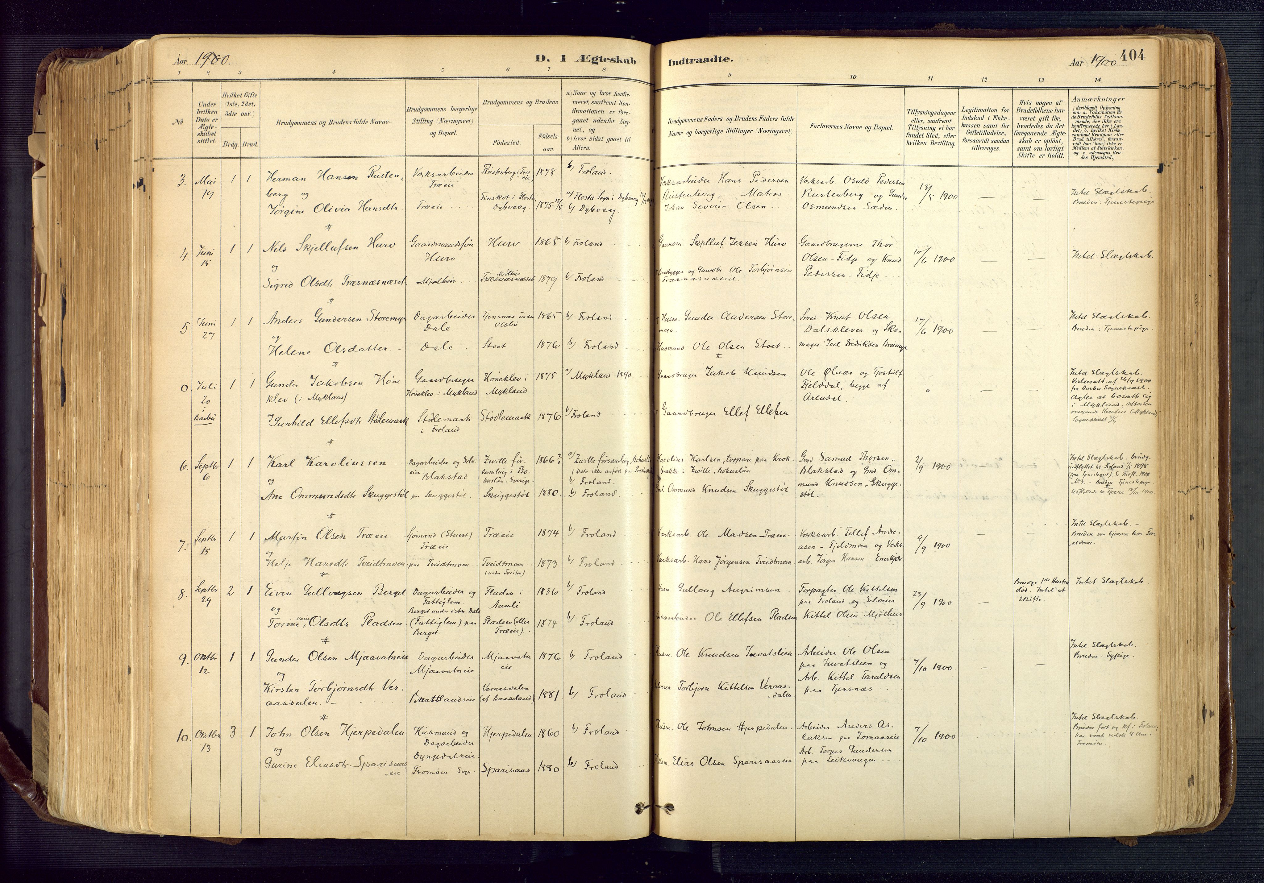Froland sokneprestkontor, SAK/1111-0013/F/Fa/L0005: Parish register (official) no. A 5, 1882-1921, p. 404