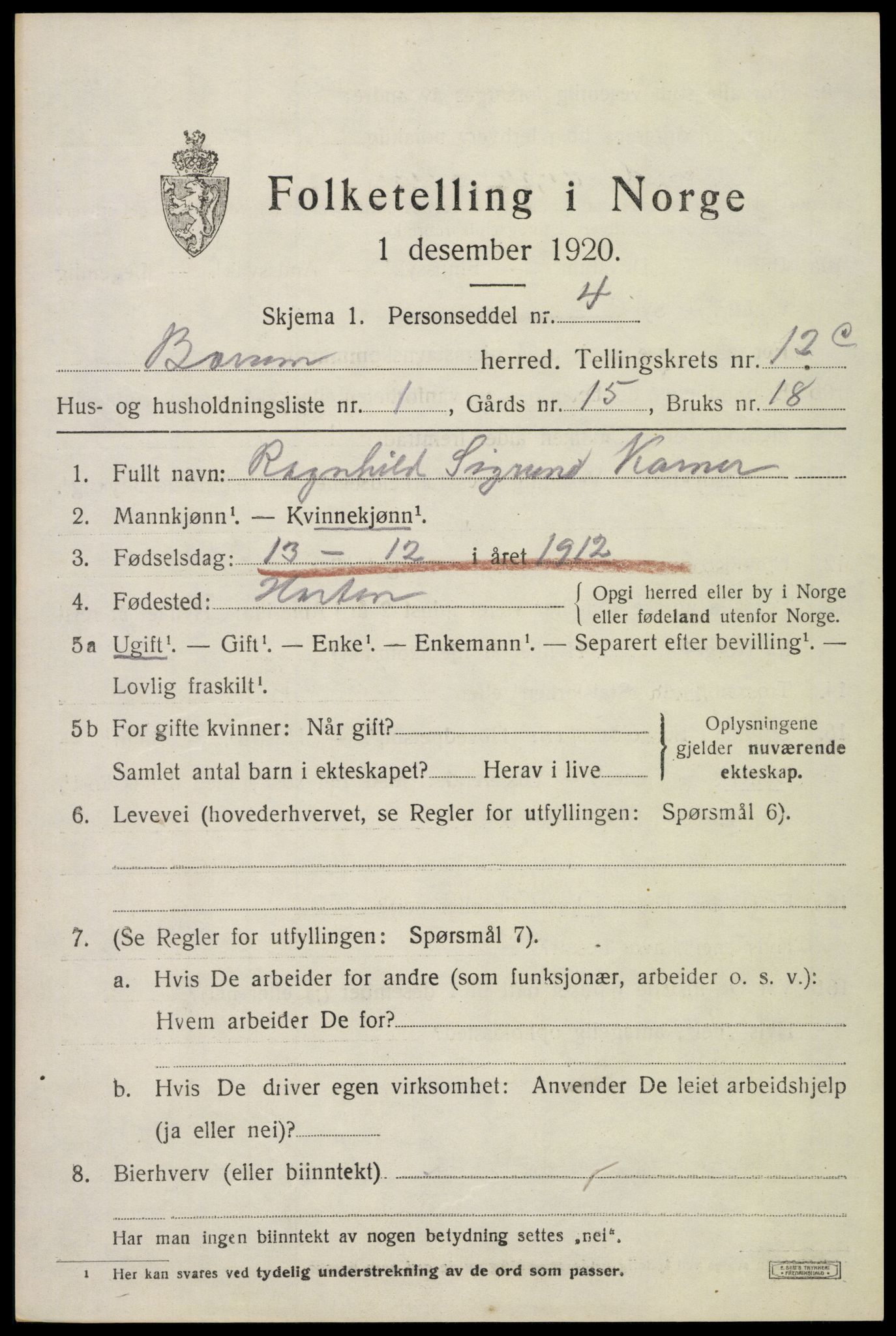 SAO, 1920 census for Bærum, 1920, p. 29390
