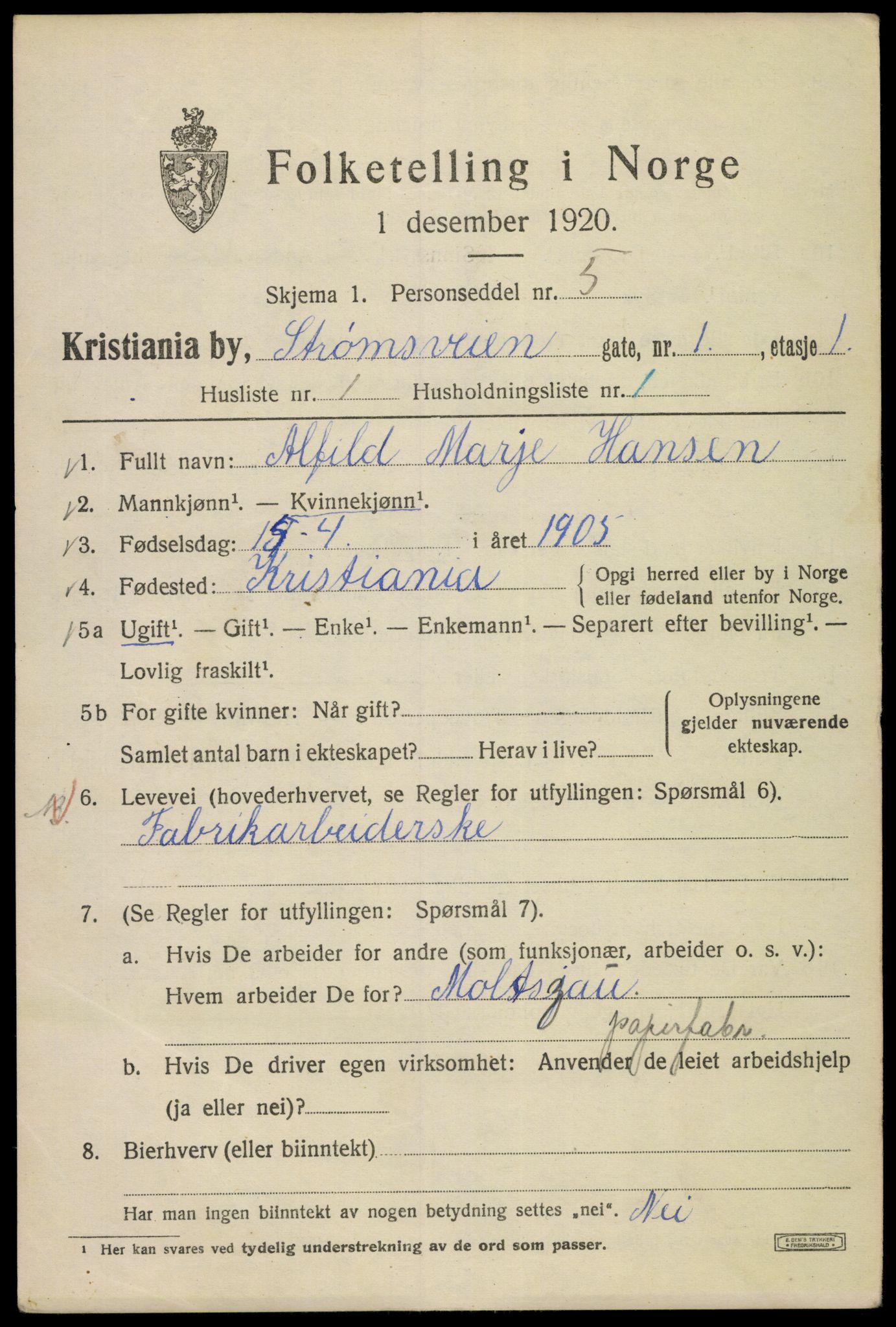 SAO, 1920 census for Kristiania, 1920, p. 551709