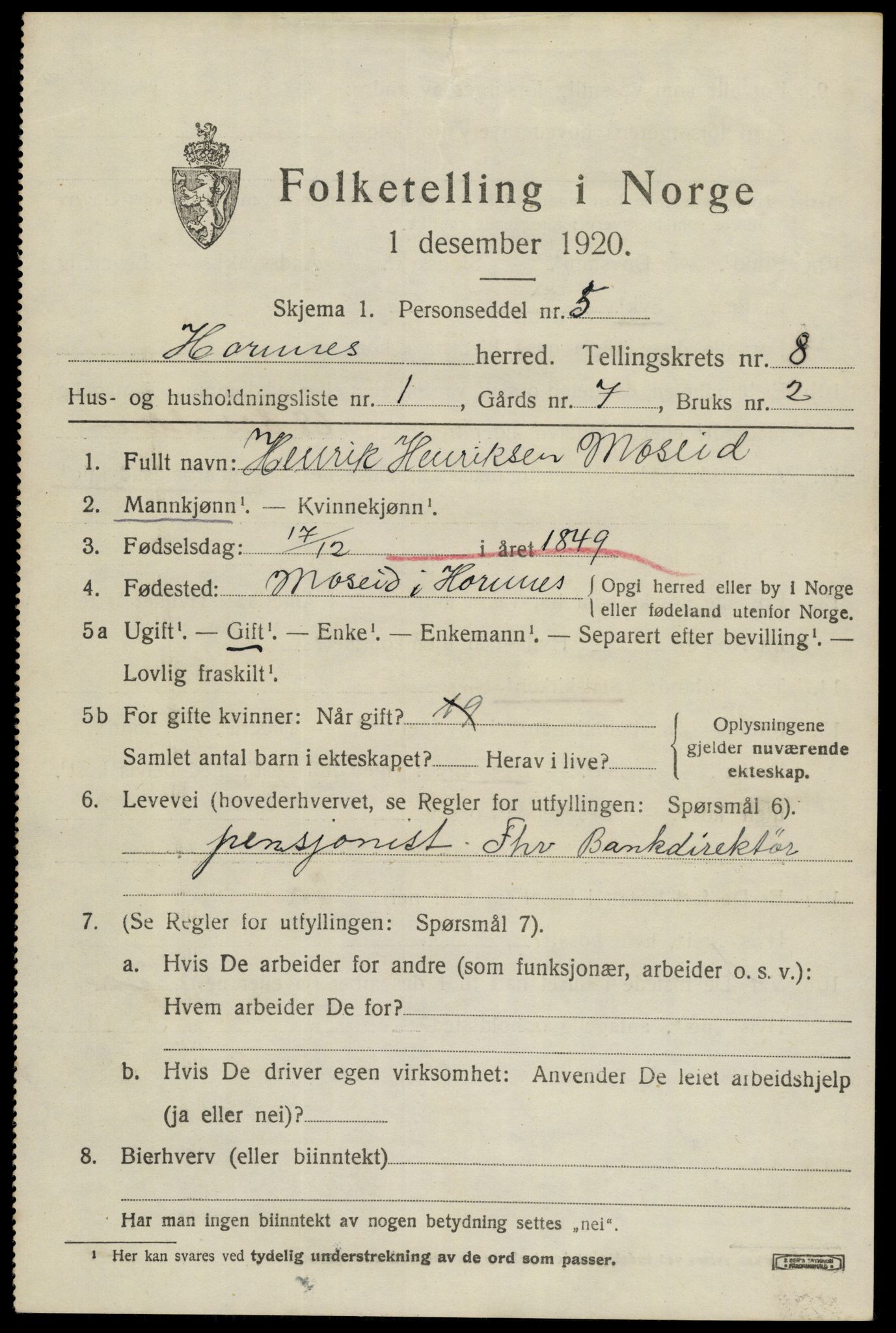 SAK, 1920 census for Hornnes, 1920, p. 1781