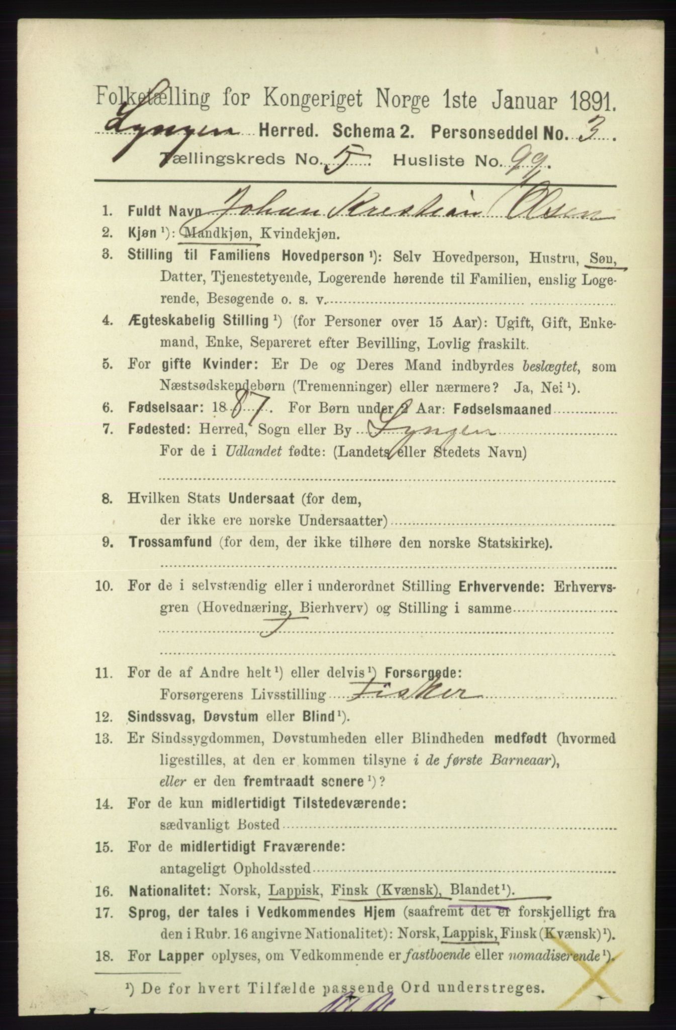 RA, 1891 census for 1938 Lyngen, 1891, p. 5078