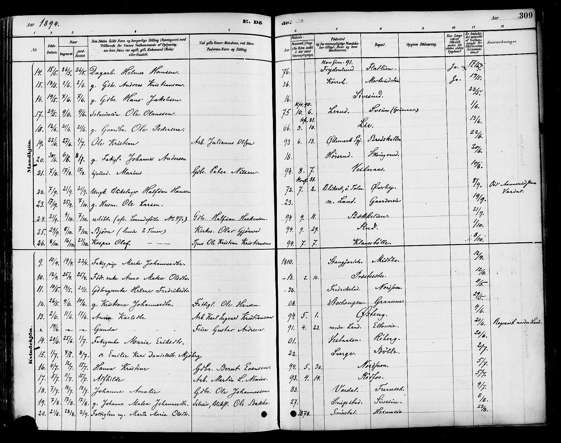 Vestre Toten prestekontor, SAH/PREST-108/H/Ha/Haa/L0009: Parish register (official) no. 9, 1878-1894, p. 309