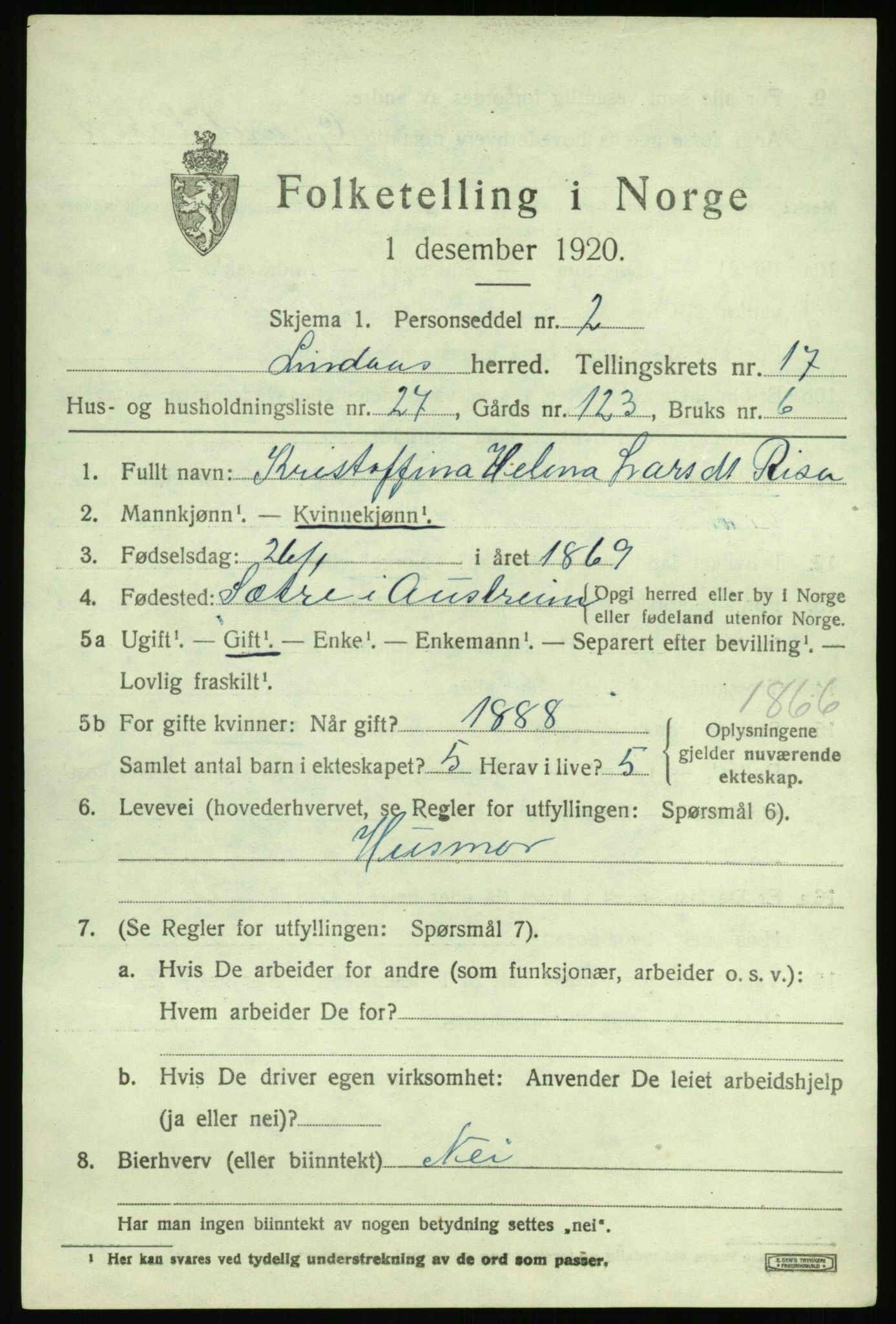 SAB, 1920 census for Lindås, 1920, p. 9299