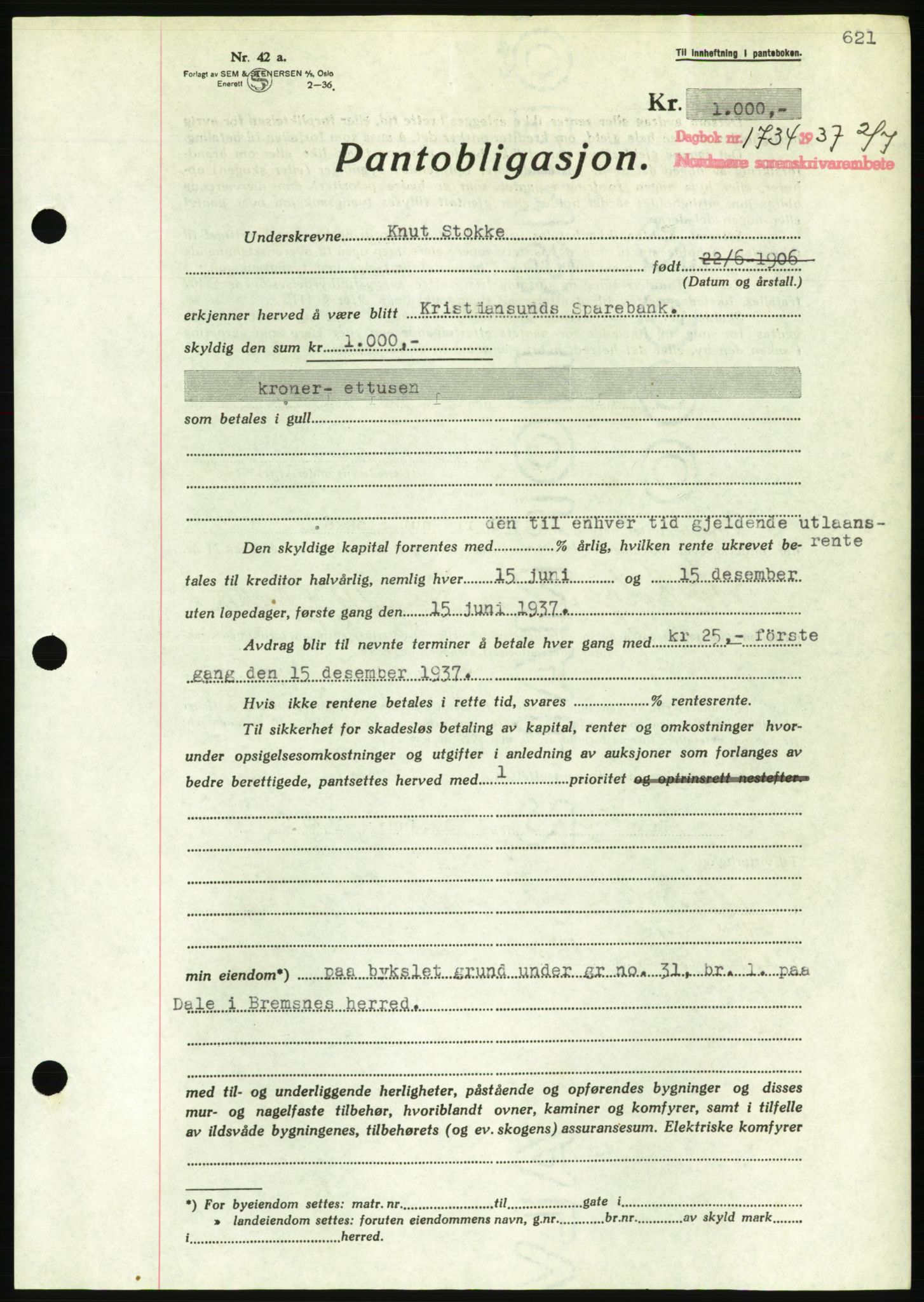 Nordmøre sorenskriveri, AV/SAT-A-4132/1/2/2Ca/L0091: Mortgage book no. B81, 1937-1937, Diary no: : 1734/1937