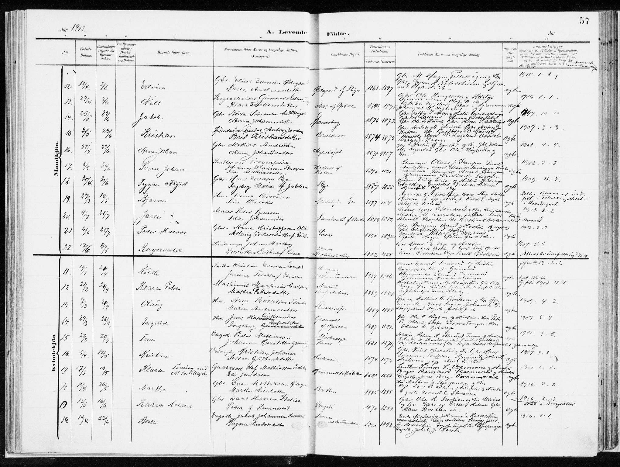 Ringsaker prestekontor, SAH/PREST-014/K/Ka/L0019: Parish register (official) no. 19, 1905-1920, p. 57