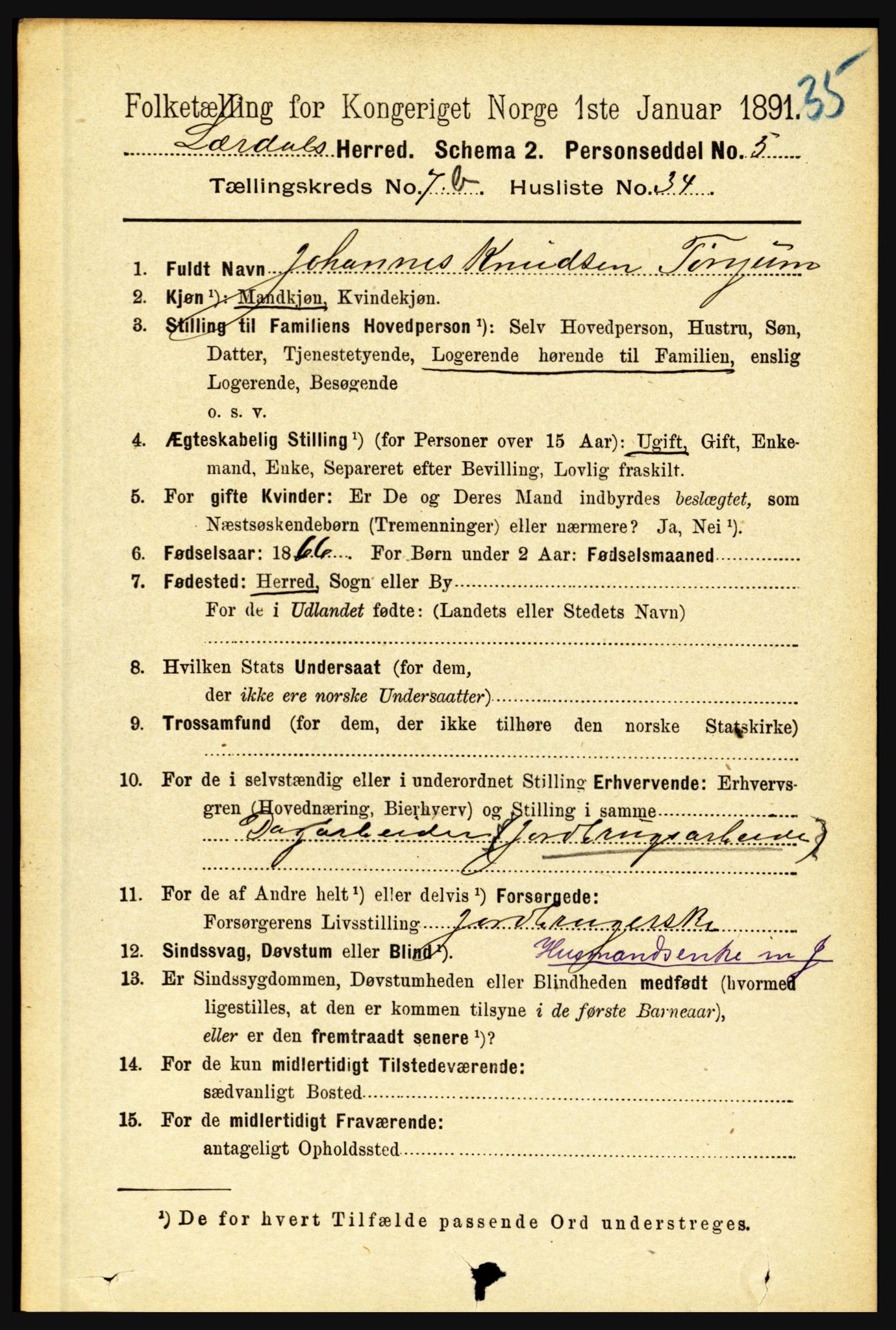 RA, 1891 census for 1422 Lærdal, 1891, p. 1327